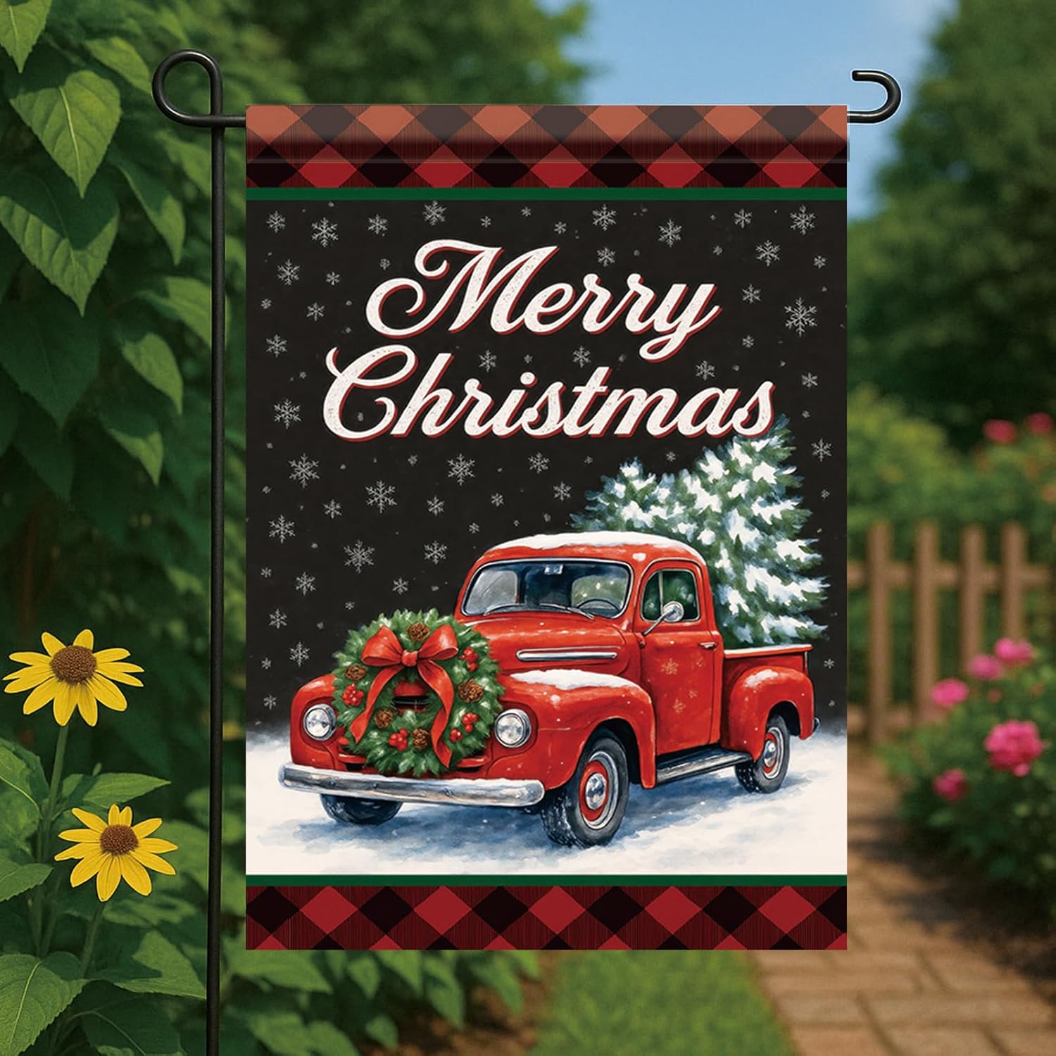 Christmas Garden Flag Red Vintage Truck Pine Tree Wreath 12x18 Inch Double Sided Outdoor Yard Banner for Winter Holiday Snow Scene Merry Christmas Small Decoration Decor - Image 5