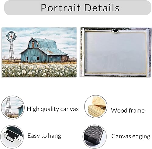 Miniatura 6 de DOARTDO Lienzo de granero antiguo para pared, diseño de molino de viento, cuadros de granero azul campestre, flores blancas, pintura para sala de