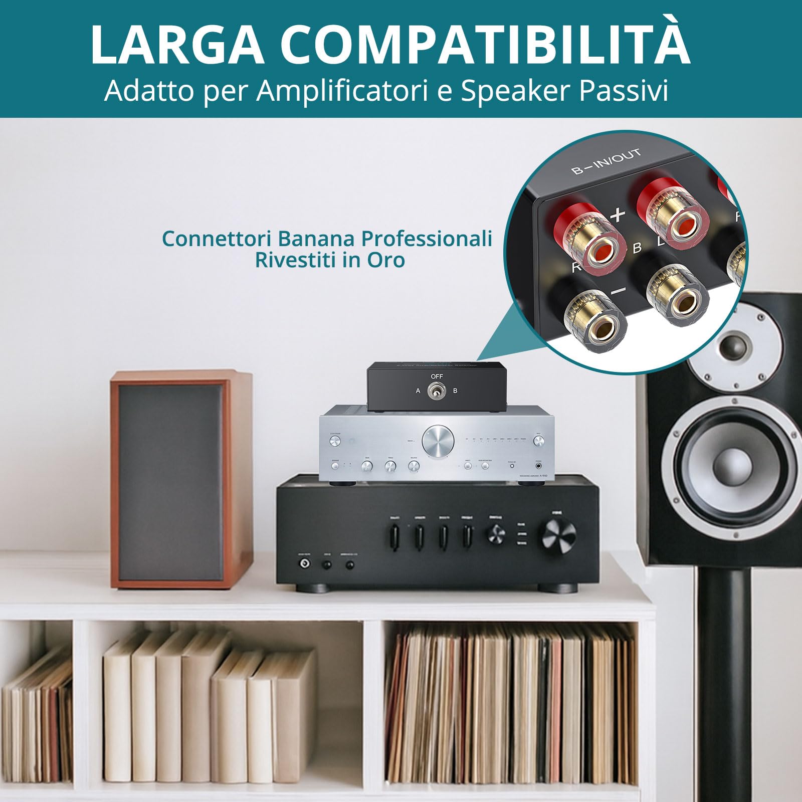 Audio Stereo Switch 2 Ingressi/Uscite,Commutatore Audio Bidirezionale a Banana Plug,Switch A/B,300W RMS,Senza Alimentazione - per Hi-Fi,Home Theater,Studio di Registrazione