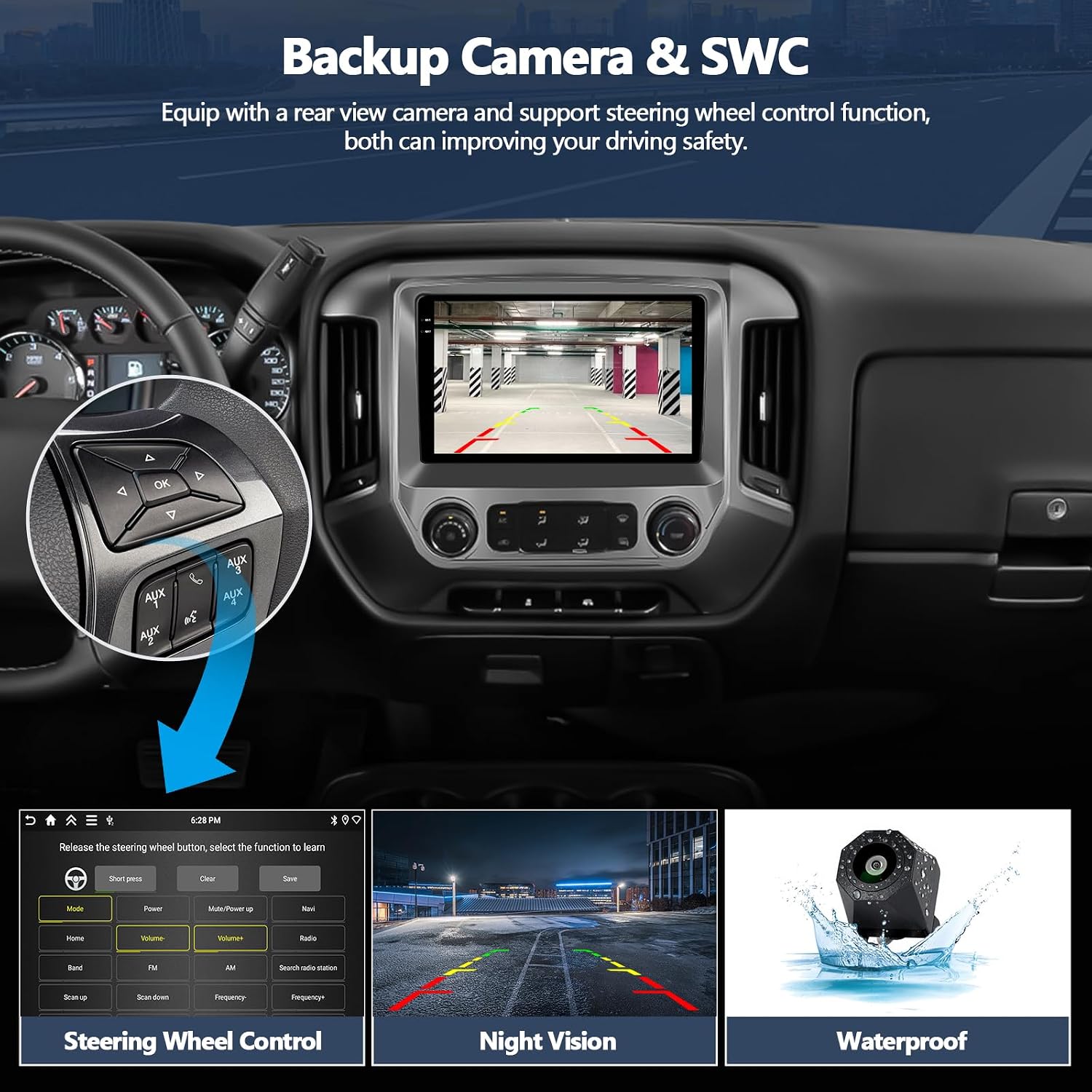 Diagram showing the dimensions of the CAMECHO car stereo and a visual list of all included accessories and cables.