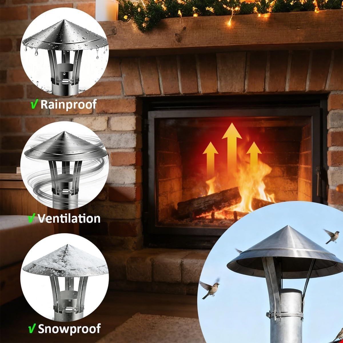 201 Stainless Steel Chimney Cap Round Roof Rain Cover for Vent Adjustable Stove Pipe Topper 2" 3" 4" 5" 6" 8" 10" 12" Chimney Cover with Gloves for Easy Installation(250mm/10in)