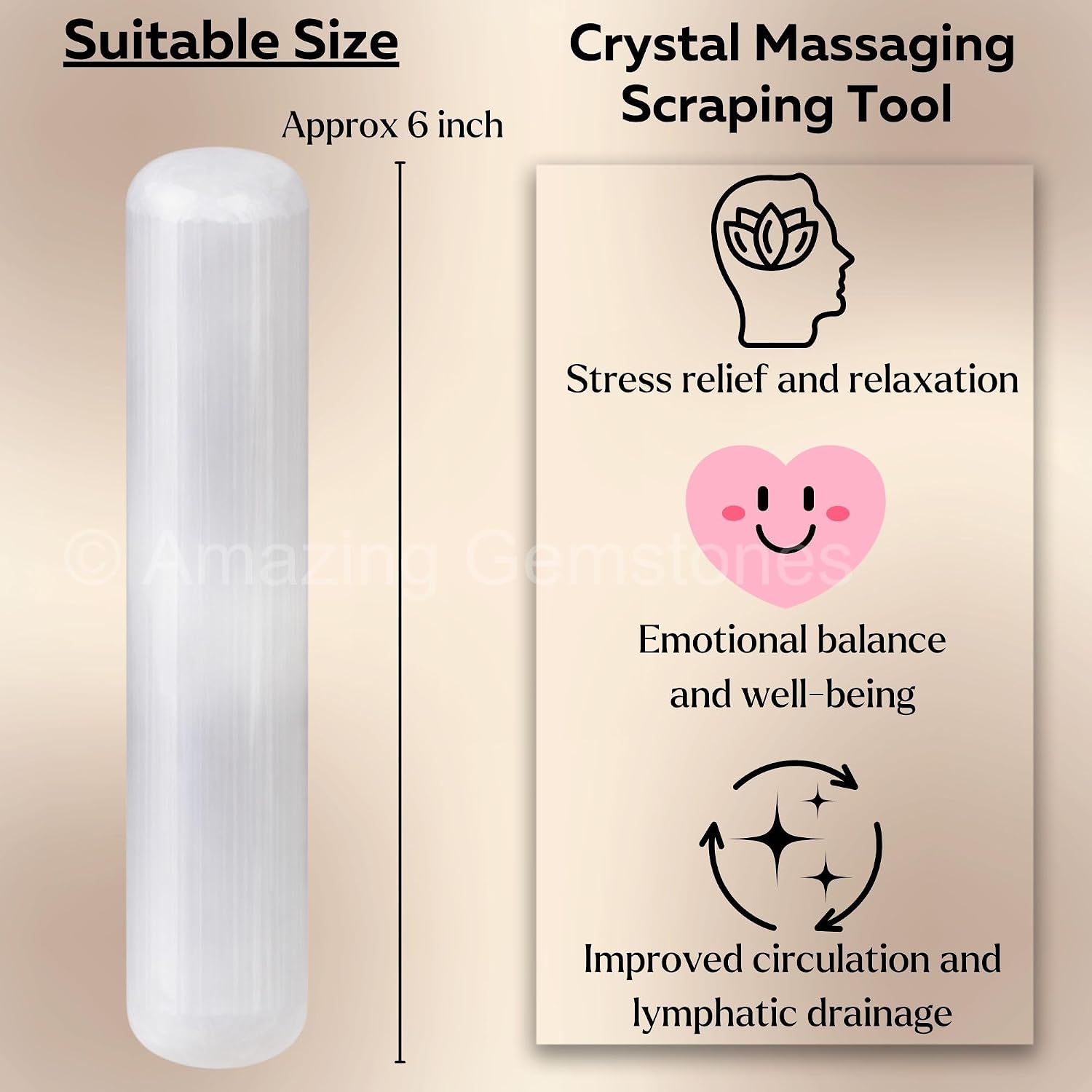 Amazing Gemstone Selenite Crystal Wand Massage Stick - Pelvic Wand Gua Sha for Adults - Crystals and Healing Stones Massage Wands for Adults Gifts (Smooth)