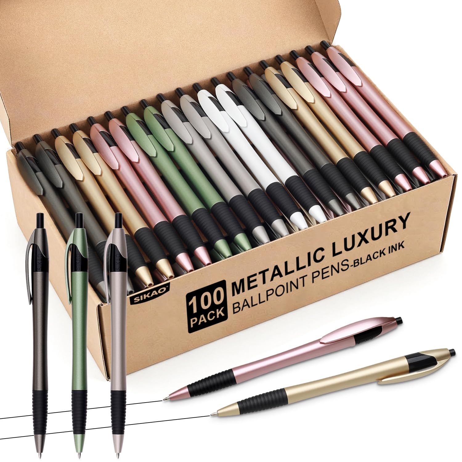 Lot de 100 stylos à bille de luxe en vrac, pointe moyenne de 1 mm, finition métallique esthétique, pour enseignants, étudiants, réceptions et cadeaux d'entreprise