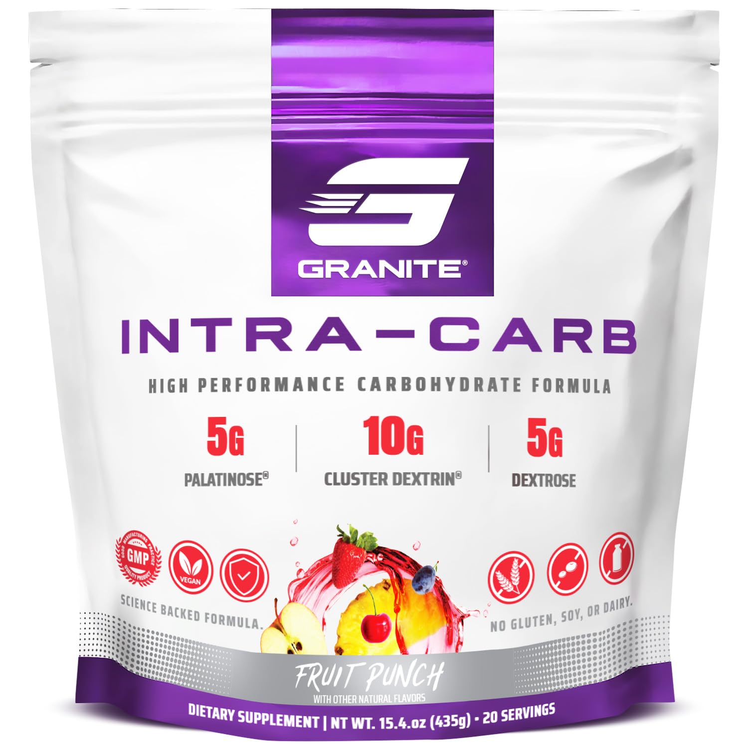 Granite Intra Carb Powder, Fruit Punch Flavor, High-Performance Carbohydrate Blend with Cluster Dextrin, Palatinose, & Dextrose, Supports Energy and Training (20 Servings)