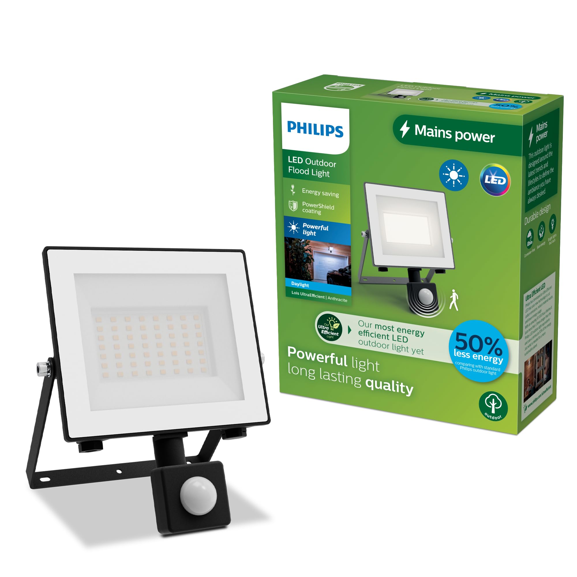 PHILIPS Lois UltraEfficient, Faretto da esterni con sensore, Antracite | 14 W, 5000 K, Durata fino a 50000 h, Rivestimento PowerShield, Resistente all'acqua e alle intemperie, Luce potente