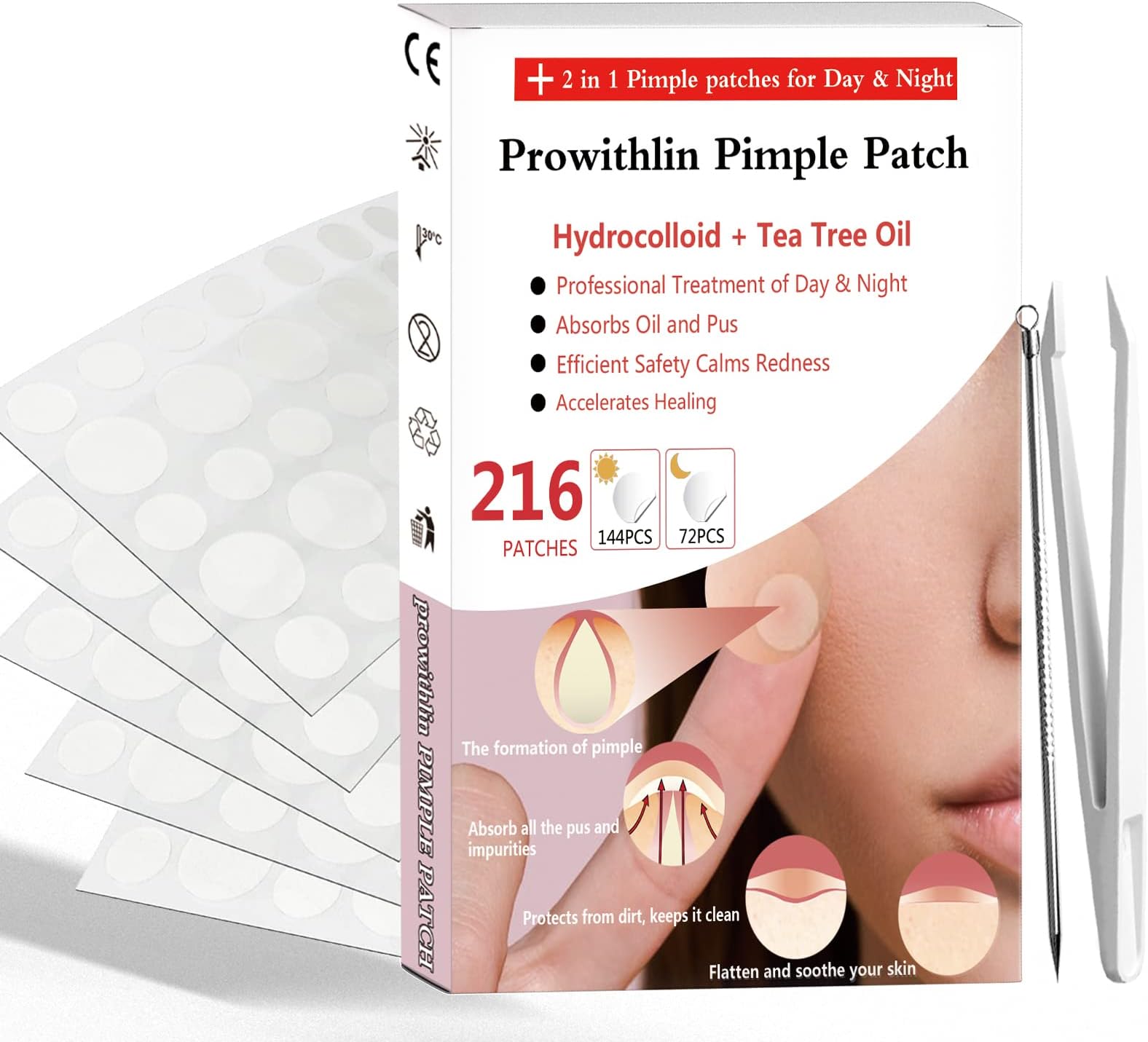prowithlin Hydrocolloid Spot Pimple Patches, Face Skin Care, Fast Absorbing, Invisible Stickers for Day & Night, 216 Counts