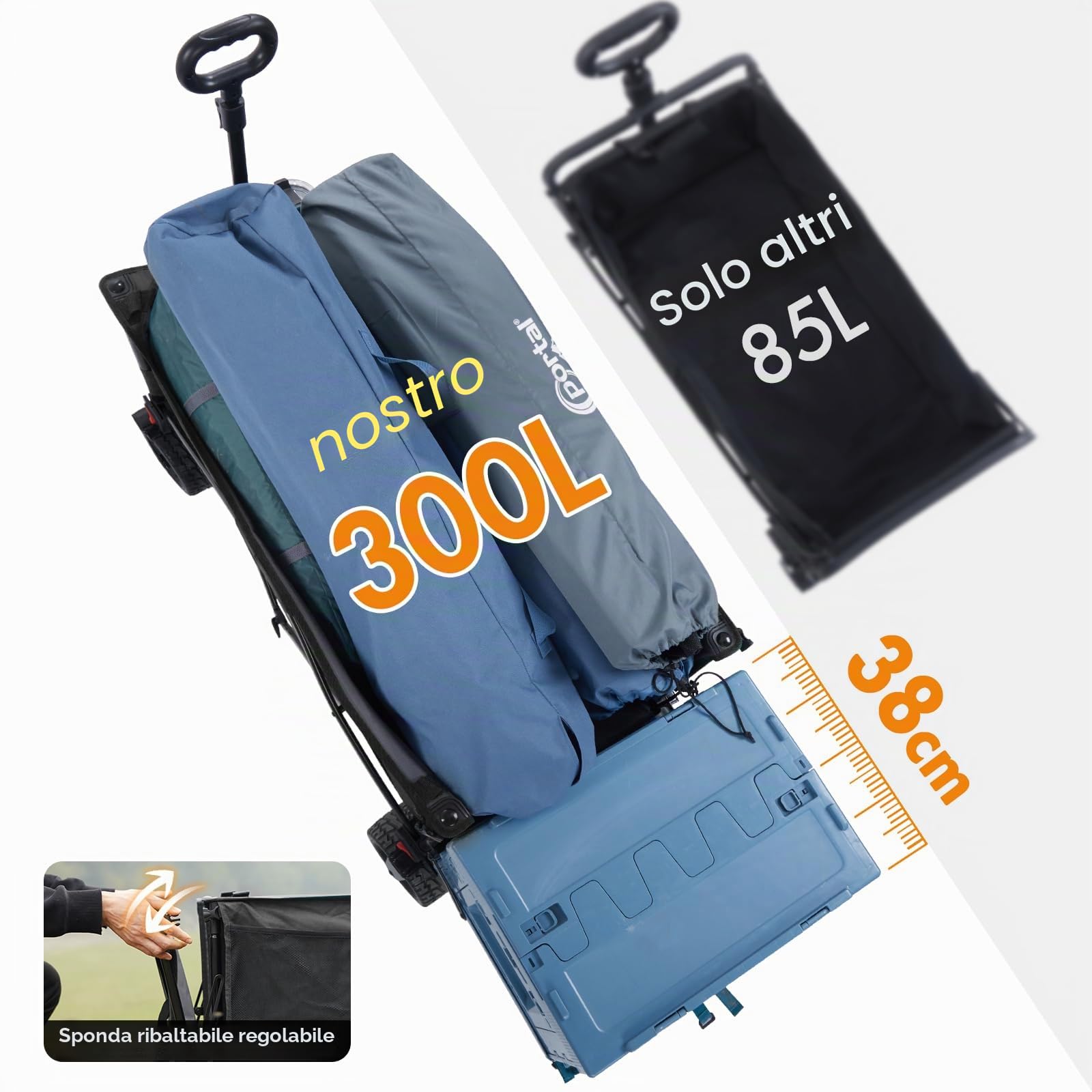 Portal carrello da festival con freni regolabili per portellone posteriore, 300 l, ruote larghe, carrello resistente, pieghevole, rimorchio | Portabevande con tasca laterale, carrello pieghevole per tutti i terreni, campeggio, spiaggia, shopping