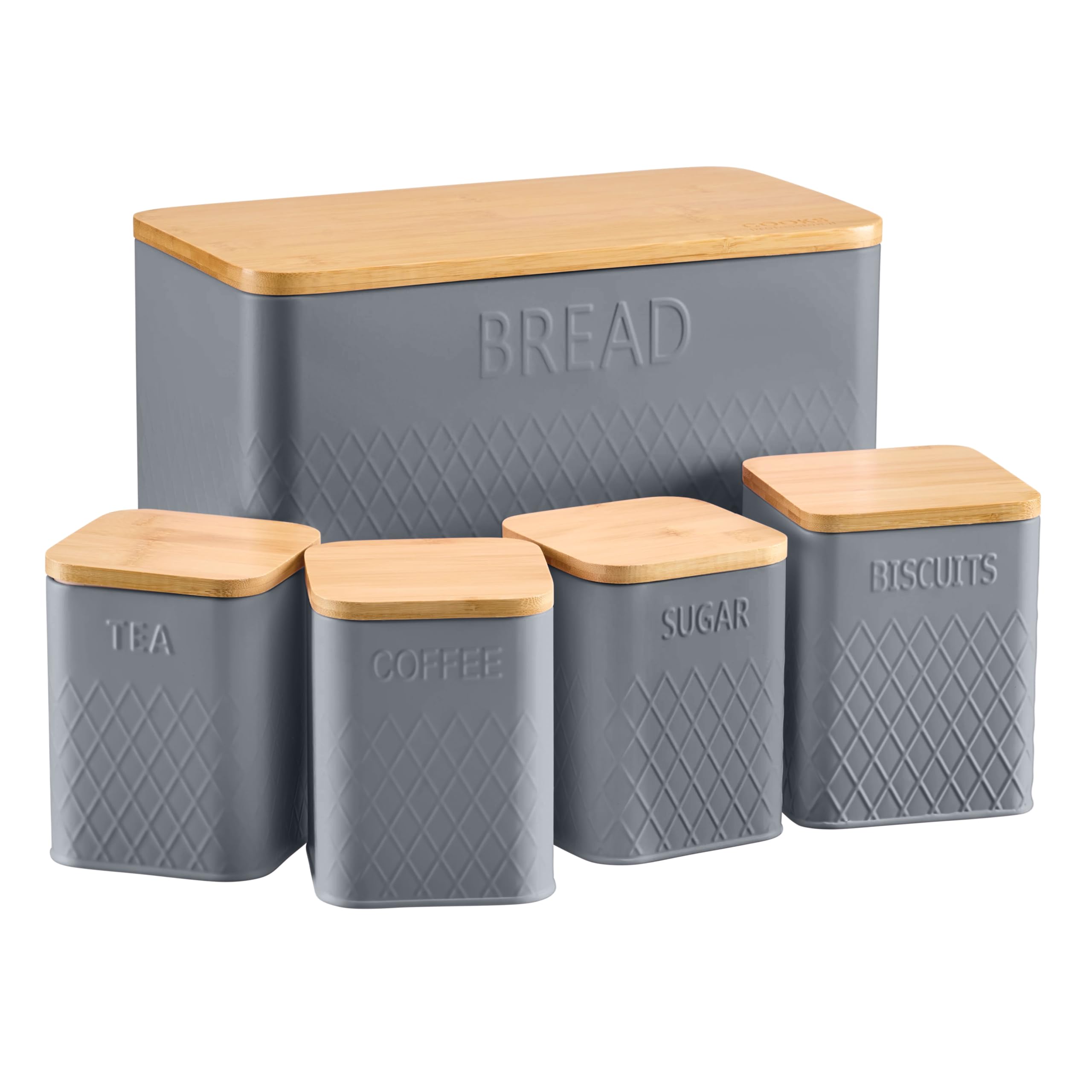 Cooks Professional 5 Piece Tea, Coffee, Sugar, Biscuit & Bread Square Cannister Set with Bamboo Lids | Diamond Pattern Labelled Stainless Steel Kitchen Storage Bins Airtight Containers | Dark Grey — image 1
