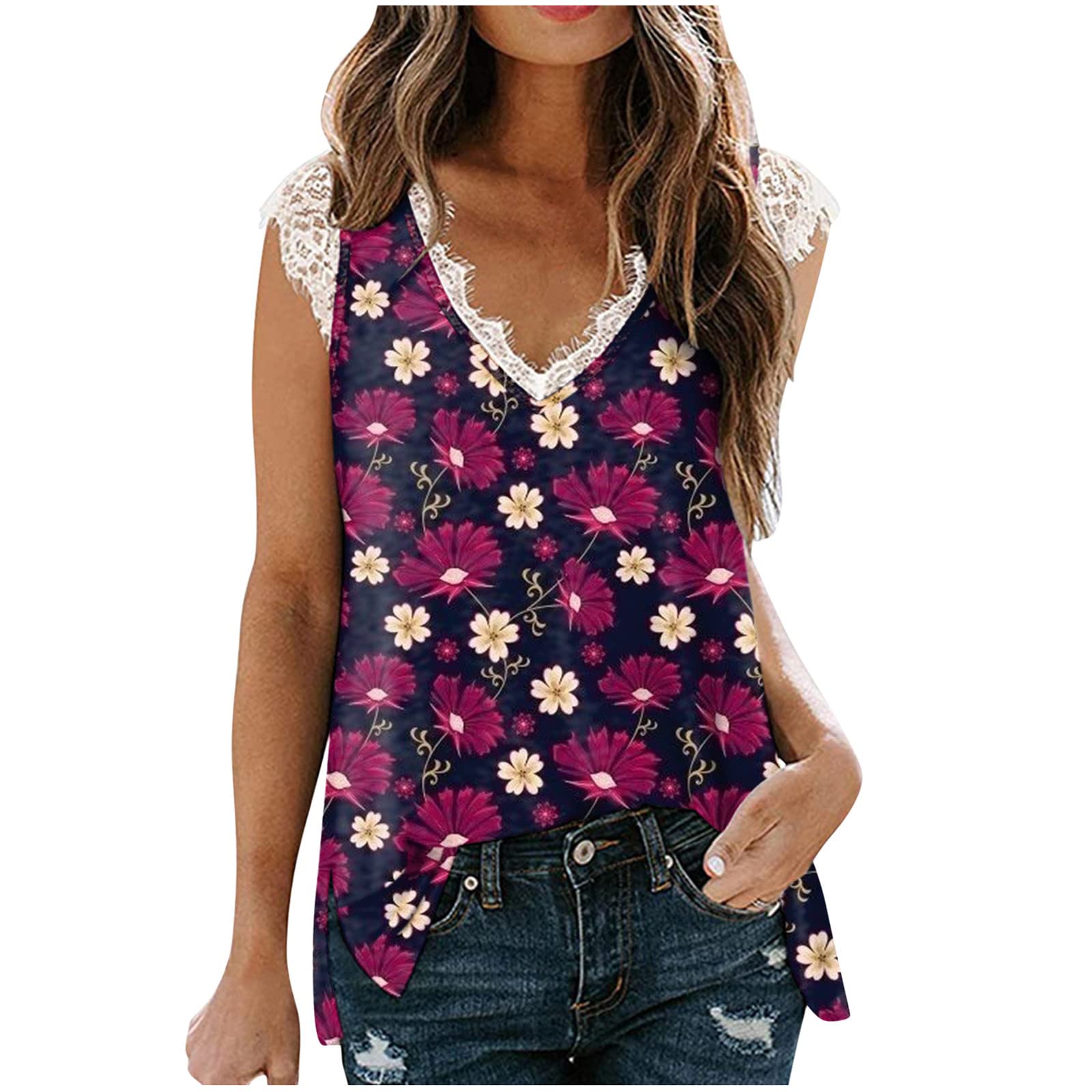 Women Blouse Party Elegant Short/Long Sleeve Tops for Work UK Woman V-Neck  Sleeveless Lace Blouse T-Shirt Floral Printing Loose Tops Ladies Business