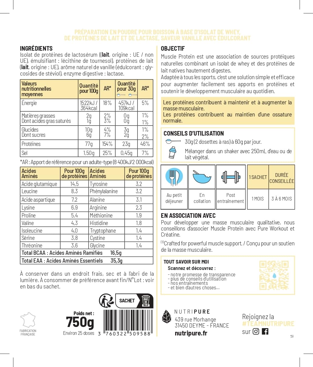 Nutripure - Muscle Protein - Whey Isolate & Lait Natives - 750 g - Vanille