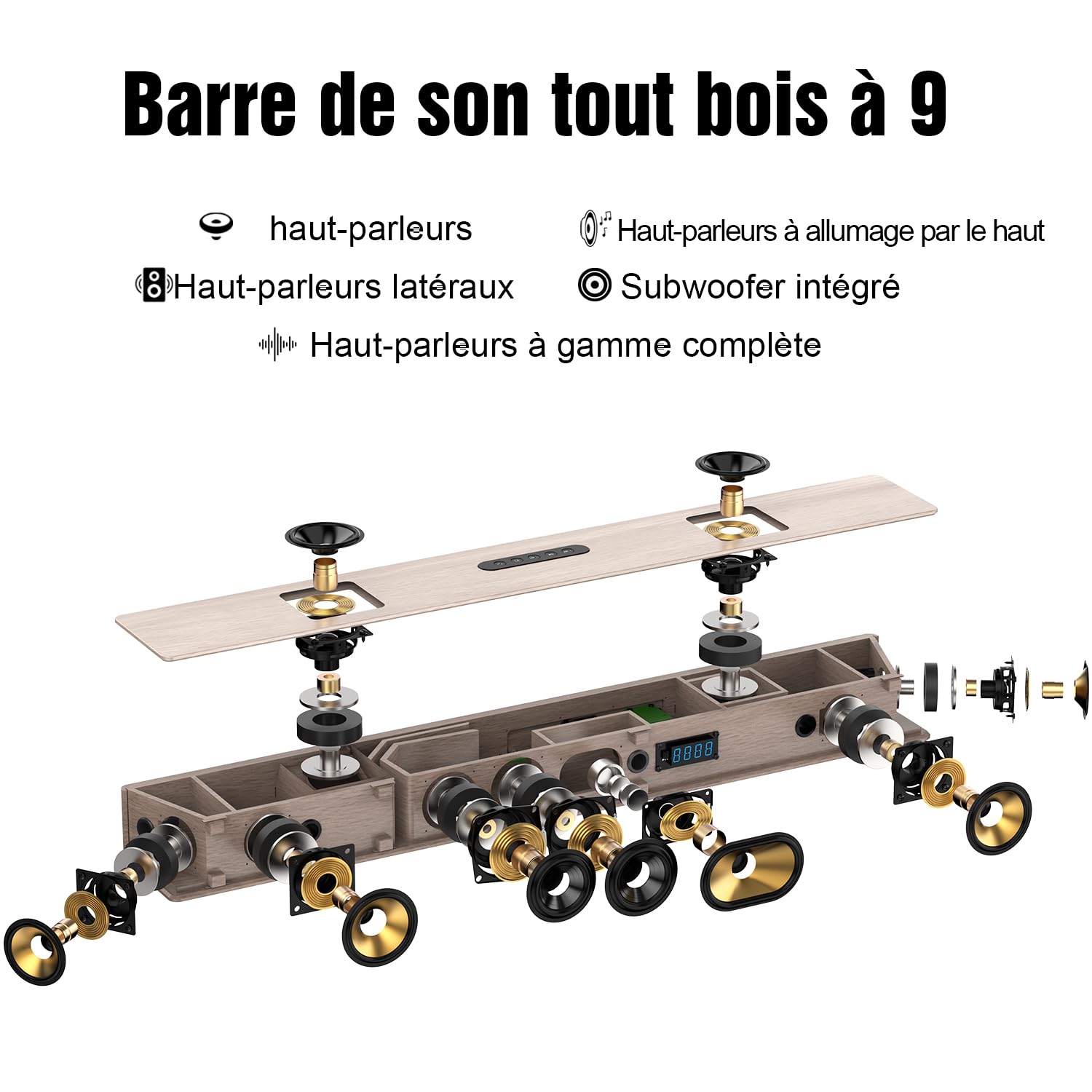 Hiwill 5.2.2 Dolby Atmos Barre de Son TV en Bois, 400W Tout-en-Un Home Cinema Enceintes pour Téléviseur avec Double Caisson de Basses Intégré, 2 Haut-parleurs Orientés vers Le Haut, WoNoble A502
