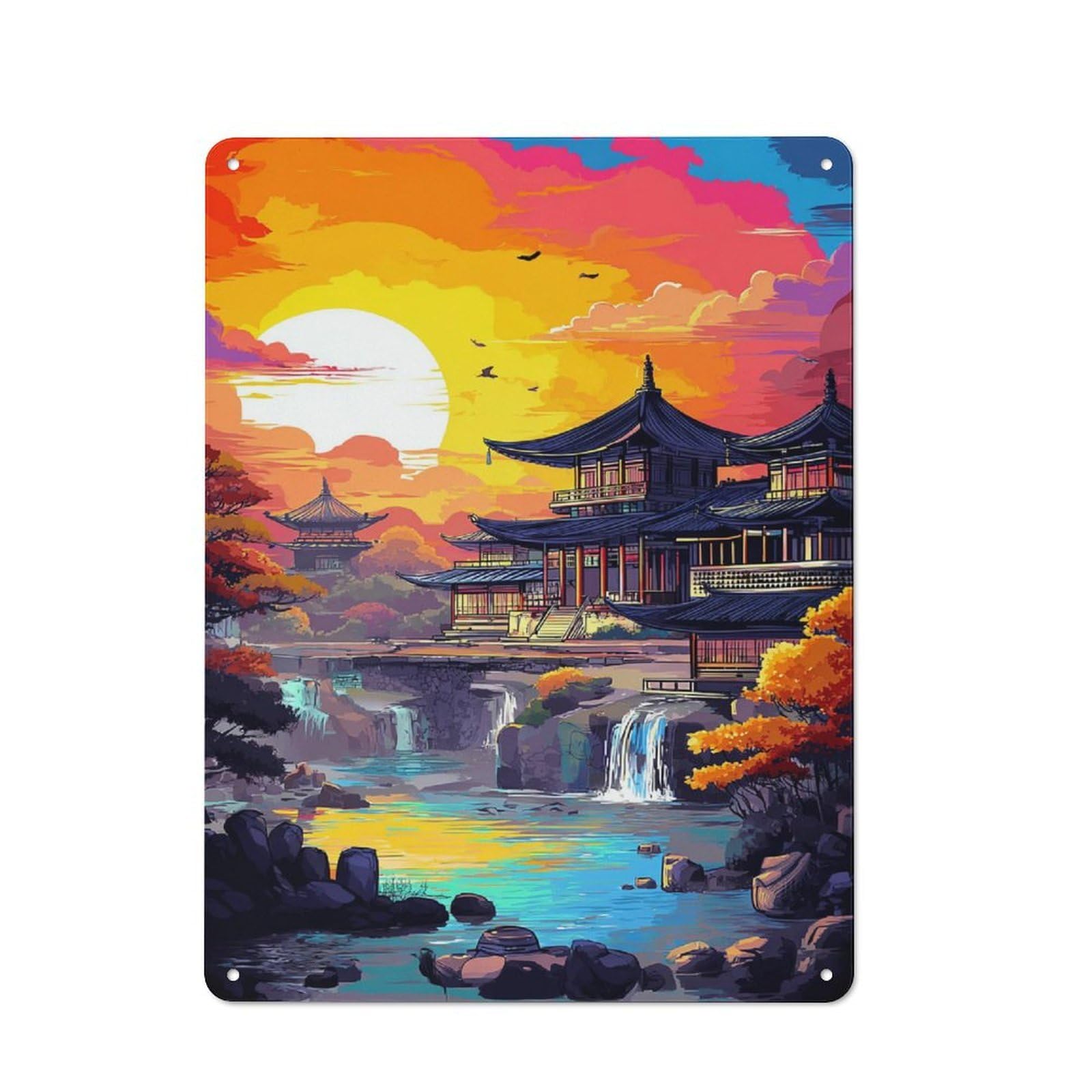Cherry Blossom Serenity Japanese Landscape Country Metal Wall Decor 40x30cm, Tin Wall Plaque for Cottage, Kitchen, Hallway Or Breakfast Nook