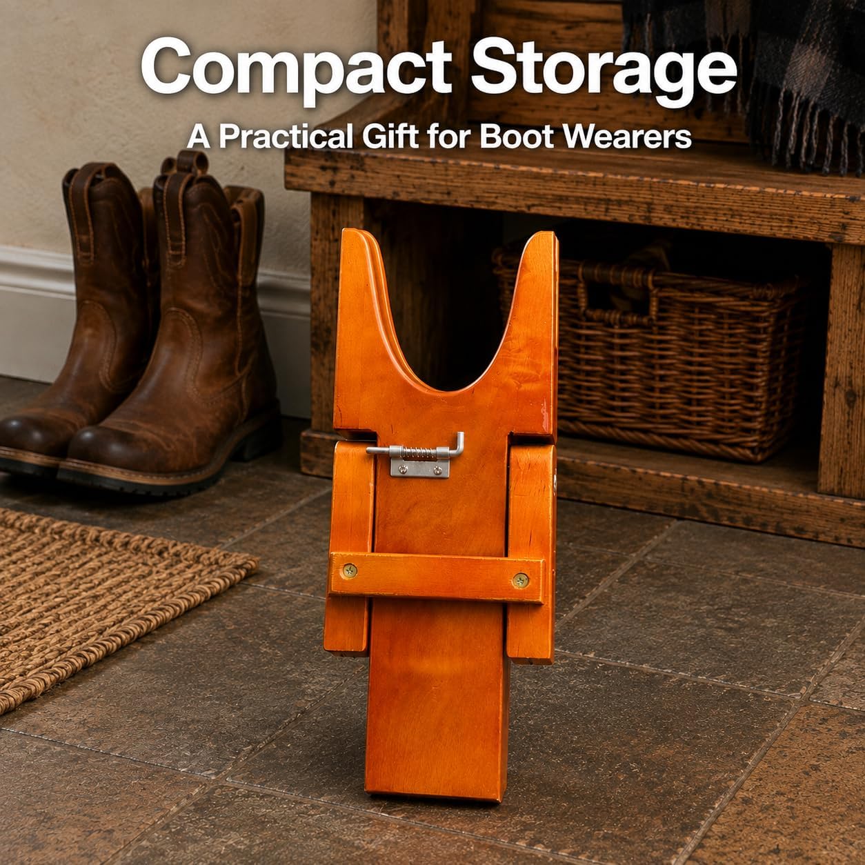 Tang's Foldable Wooden Boot Jack, Boot Remover for Cowboy Boots, Work Boots & Rain Boots, Portable Boot Puller with 3.54" Wide U-Shaped Opening, European Pine Wood, Brown