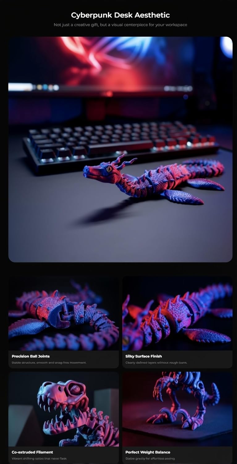 7pcs 3D Printed Dinosaur Skeletons, T-Rex Fidget Toys,Pterosaur, Stegosaurus, Plesiosaurus,3D Printed Dragon Animals Toys,Dinosaur Toys for Desk Gifts (Red Blue, Small, 7pcs)