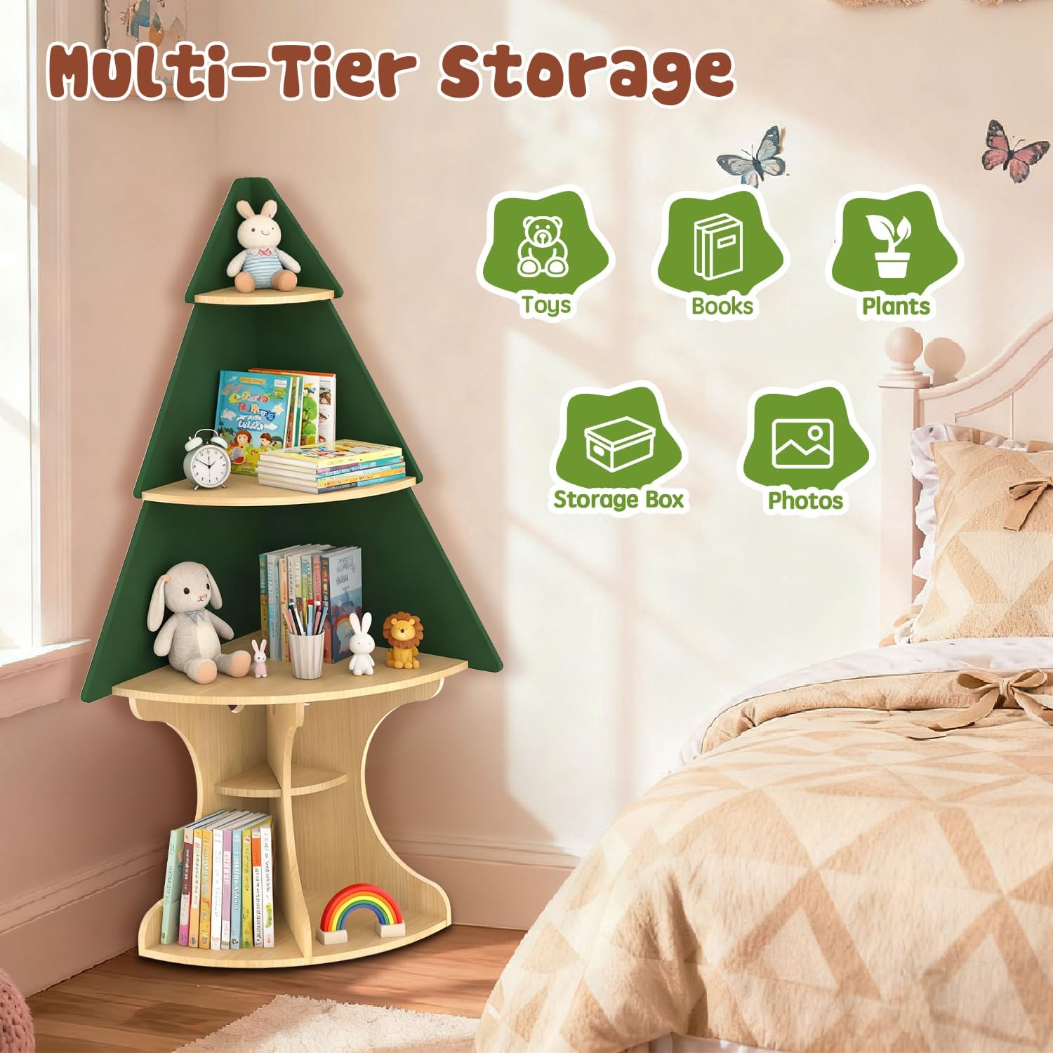 Bookshelf for Kids, Children Tree-Bookshelf, Space-Saving Montessori Toddler Corner Bookcase for Nursery, Kindergarten, Kids Rooms
