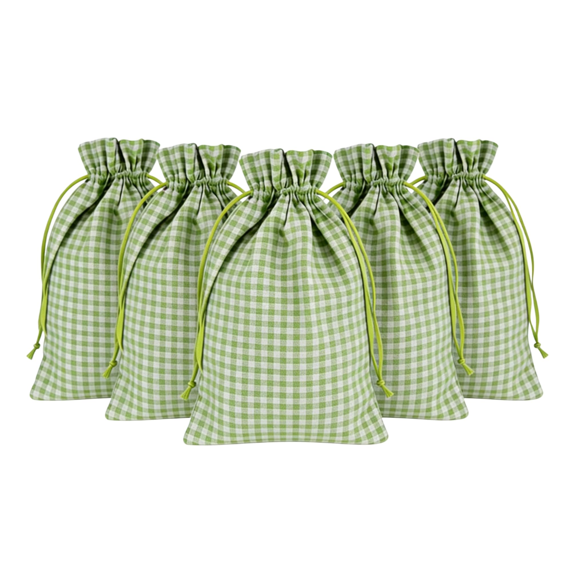 Meseey 5 Pcs Buffalo Plaid Burlap Gift Bags with Drawstring (6Wx8L, Green-White Plaid) Reusable Gingham Sacks Gift Pouch Bags for Easter, Spring, Birthday, Baby Shower, Wedding Party Favors