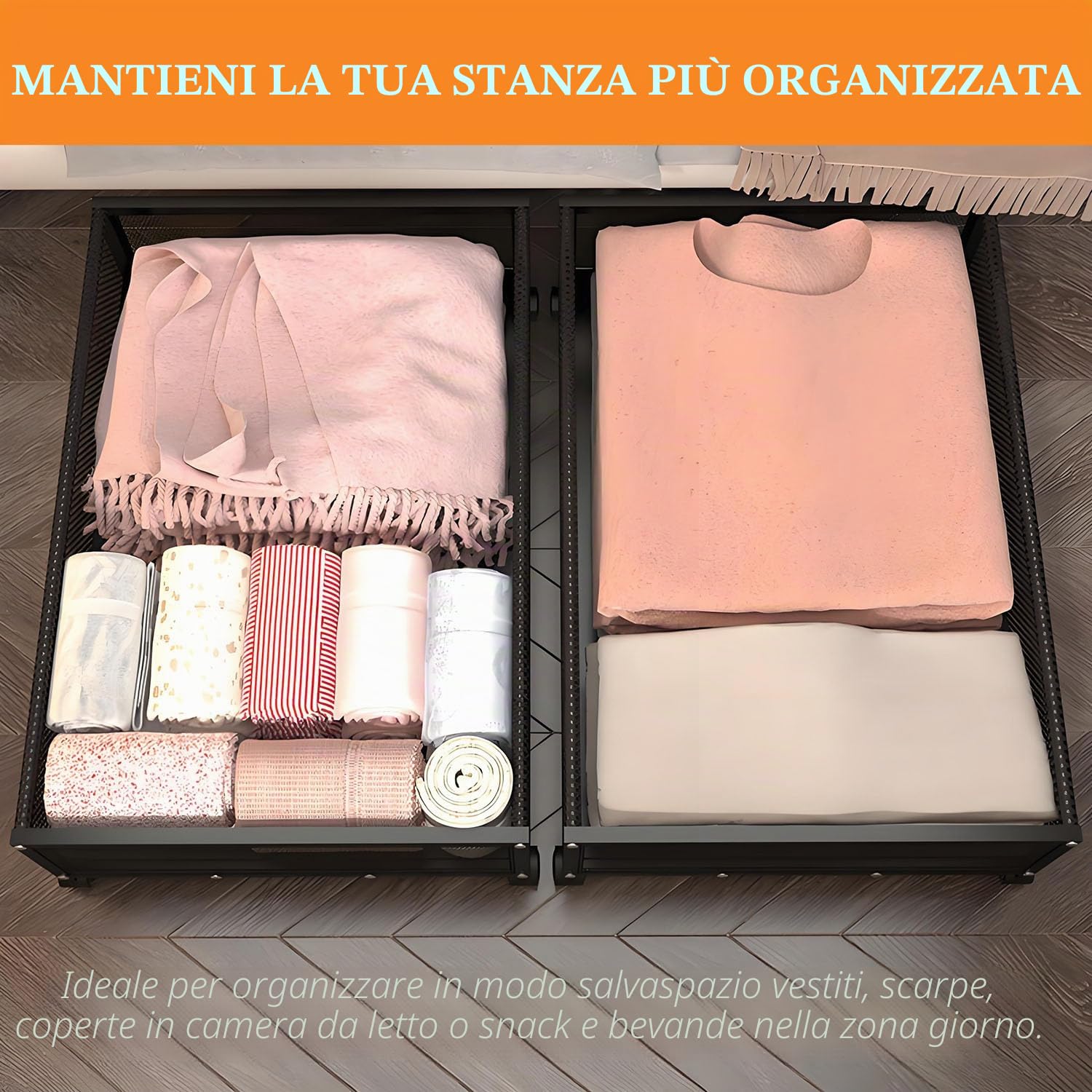 Contenitore sotto il letto, 2 pezzi, con ruote, altezza 15 cm, stabile, con coperchio e maniglia, per vestiti, giocattoli, scarpe e coperte