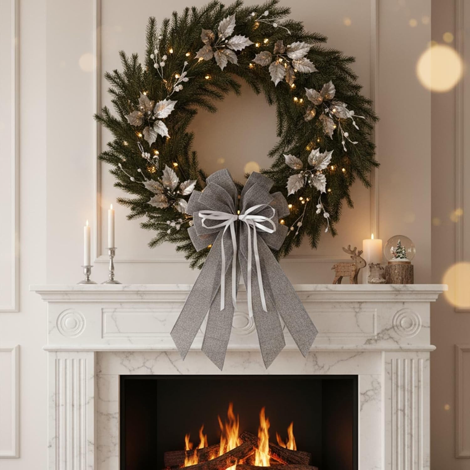 YKW Large Gray Burlap Bow for Wreath 20x11 Inch - Modern Farmhouse Front Door Decor Tree Topper Winter Holiday Decorations Indoor Outdoor Neutral Ornaments - Image 5