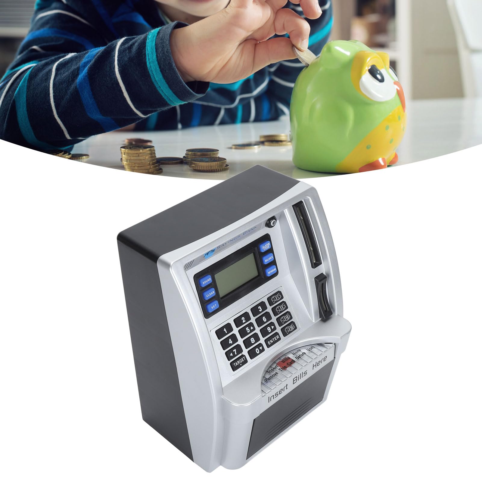 TOPINCN Tirelire ATM électronique, Boîte d'argent Protégée par Mot de Passe avec écran LCD, Boîte D'économie de Factures à Défilement Automatique Créative pour Enfants Adultes Décor de