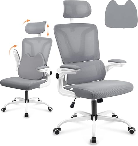 Soontrans Silla de oficina ergonómica con almohada de apoyo lumbar, silla de oficina de malla con brazos y reposacabezas ajustables, silla de