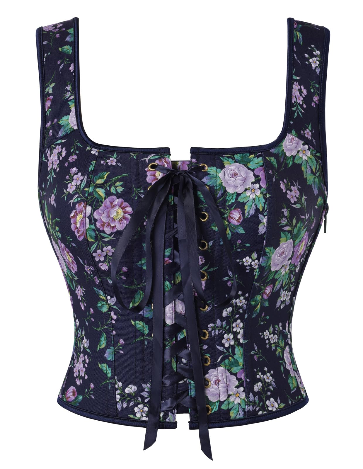 Scarlet Darkness Boned Waist Floral Renaissance Fairy Costume Corset Tops, Navy Purple Floral, 8 โ image 1