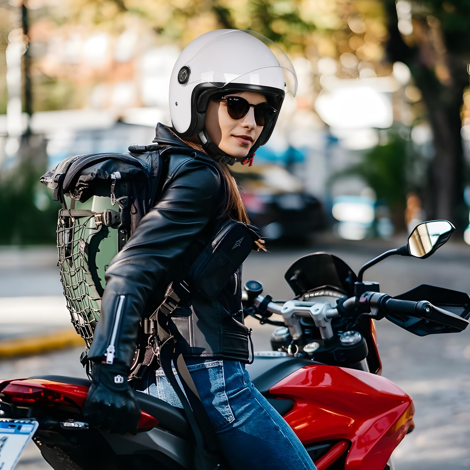 Favoto Kask motocyklowy, kask motorowerowy, dla mężczyzn, z podwójną wizjerem, osłona przeciwsłoneczna 3/4, półkask motocyklowy, dla mężczyzn i kobiet, oddychający, certyfikat ECE 22.06, L (59-60 cm