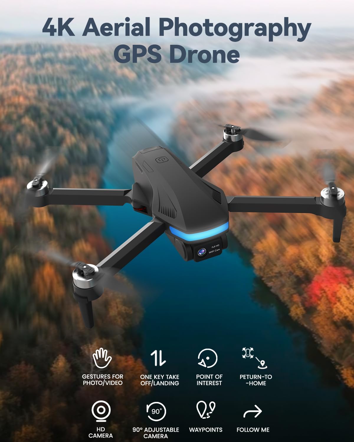 SIMREX GPS Drone with Camera for Adults 4K , Brushless Motor Drones for Beginners ,5G WiFi FPV Foldable, Auto Return , Optical Flow & Altitude Hold,Gesture Control,Follow Me, Waypoint Flight，Toys Gifts for Teen Boys (Black)