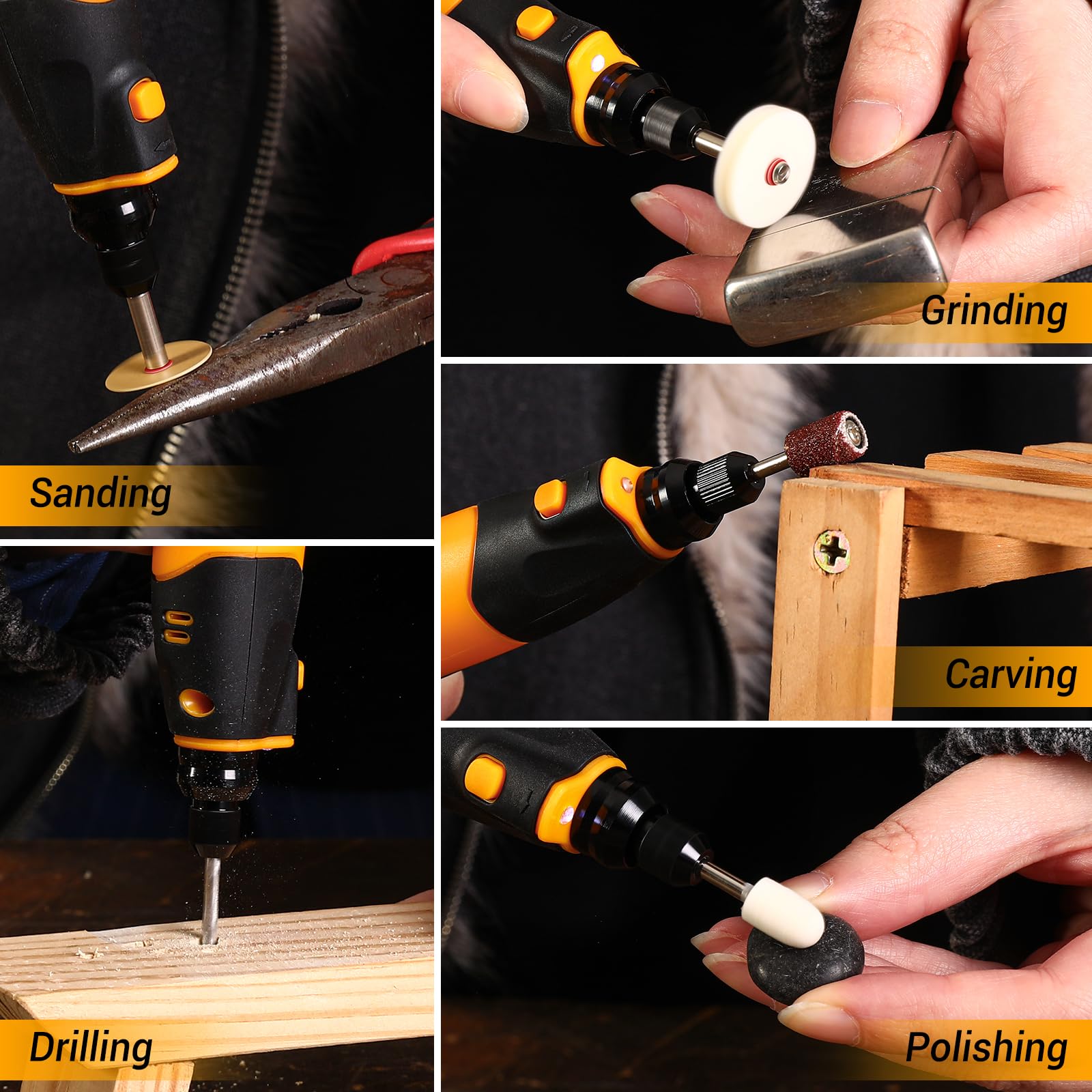 Utensile rotativo ricaricabile: DEKOPRO 3,7 V utensile rotativo, completo di 70 accessori per la levigatura. Un potente utensile con indicatore di velocità variabile e ricarica di tipo C.
