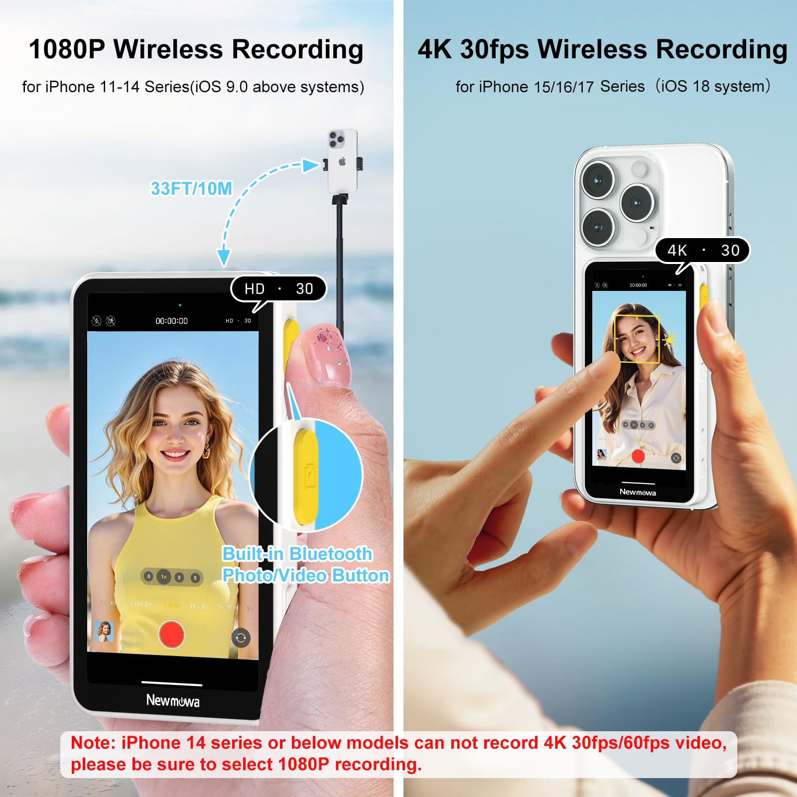 Newmowa magnetischer Handy Selfie Touchscreen Monitor mit Zoom für iPhone | 4K 30fps kabellose Aufnahme nur für iPhone 15/16/17, 4" Handy Selfie Bildschirm für Vlog, TikTok, Weiß