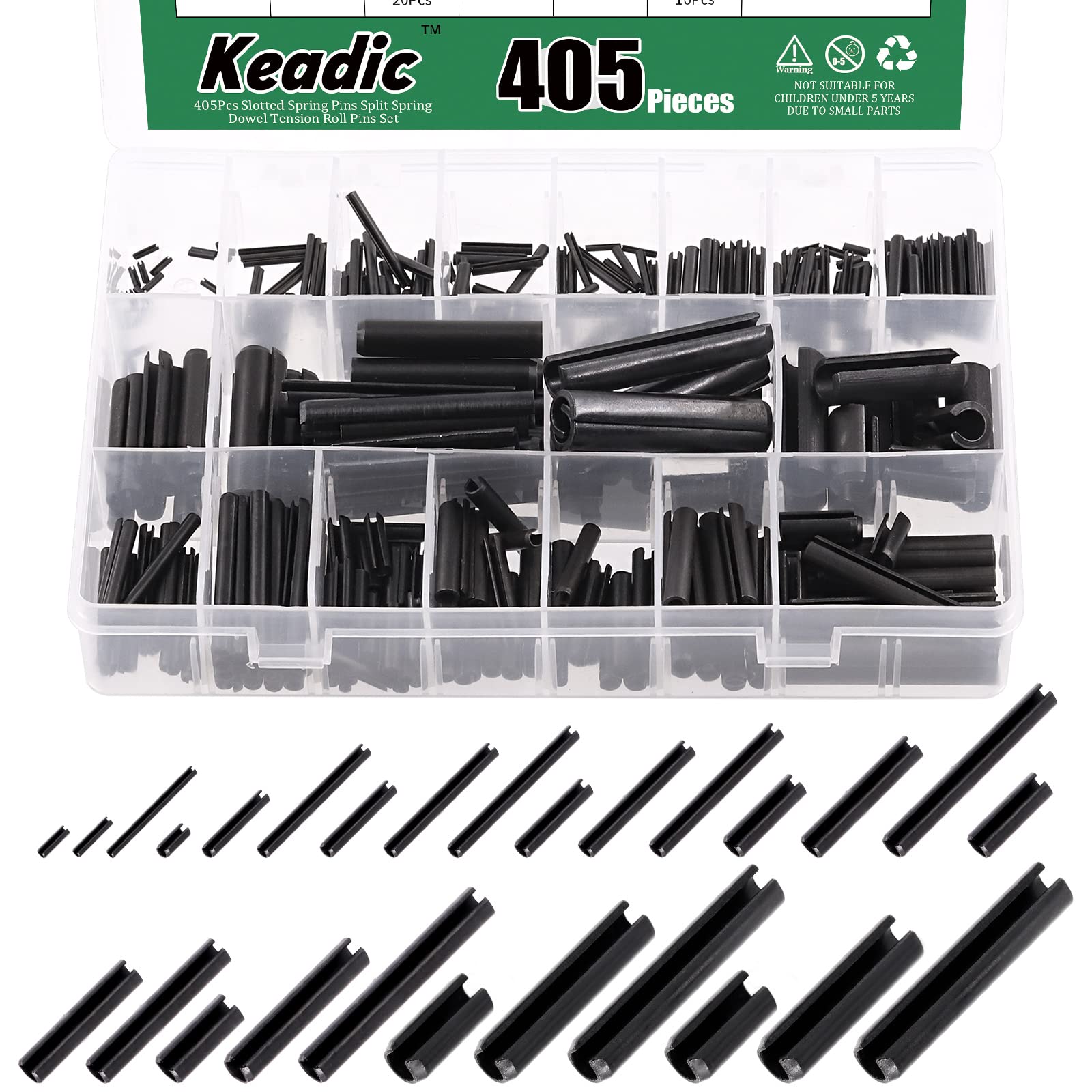 Keadic 405Pcs Roll Pin Set 27 Sizes Spring Dowel Tension Roll Pins