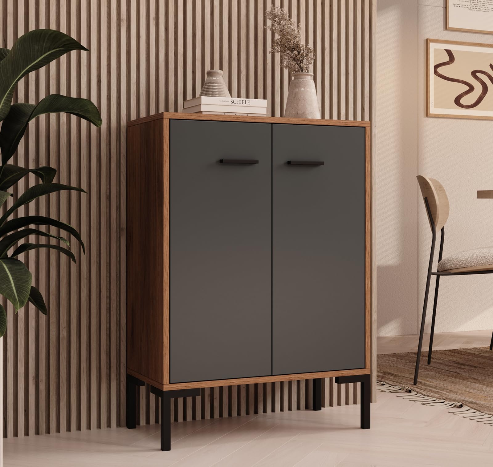 MB Muebles Bonitos, Credenza piccola Lander L15, Stile Moderno, Madia bassa multiuso con 2 ante, Colore Noce e Grigio, 60x84x30cm