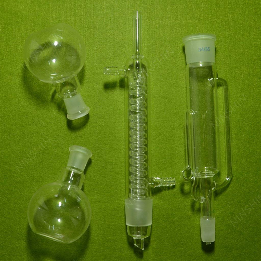 lab Glass,150ML,Glass Soxhlet Extractor with Coil Condenser and Two Flat Bottom Flasks