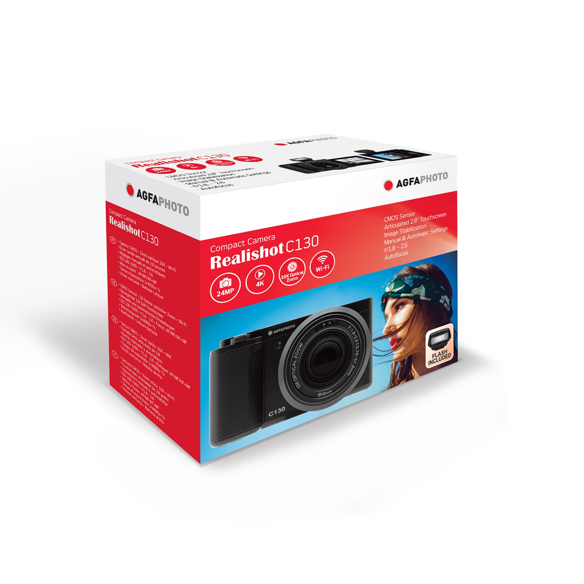 AGFAPHOTO Realishot C130 - Appareil Photo Numérique Compact, Capteur CMOS, Écran Tactile LCD 2,8", Stabilisation d'image, Autofocus, Mémoire Externe SD, Batterie Rechargeable - Noir