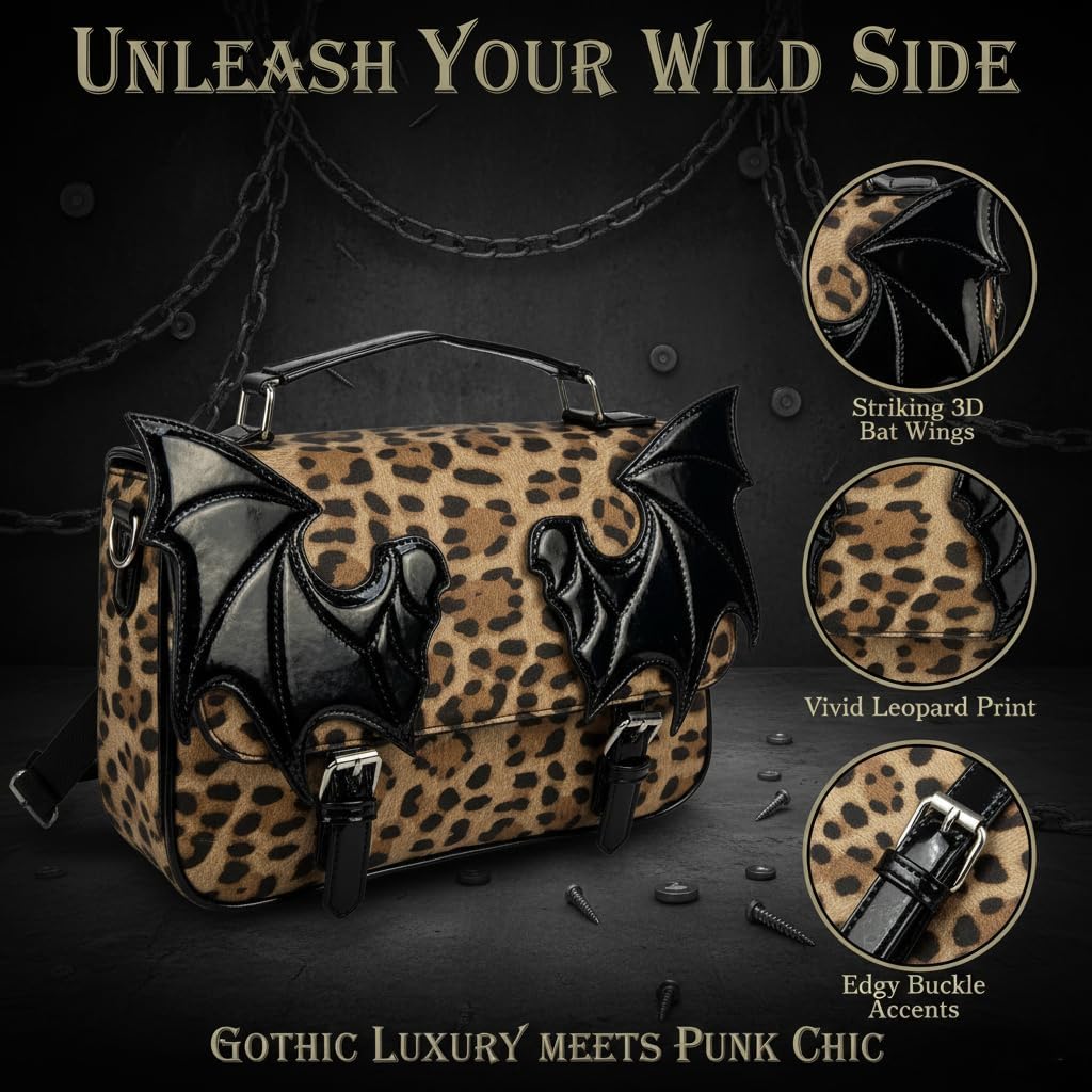 Gothic Bat Wing Backpack Purse, Black Faux Leather, Convertible Shoulder Bag with Metal Hardware (leopard print)