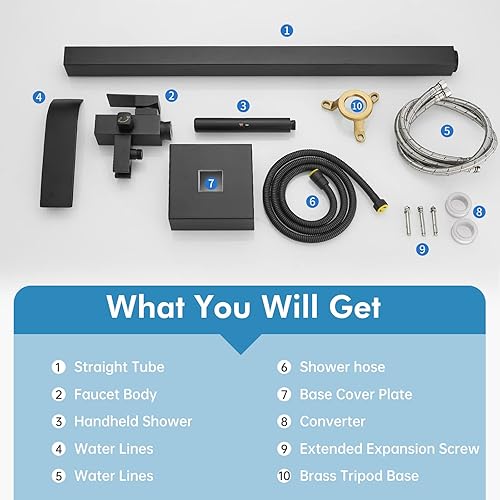 Miniatura 9 de RUMOSE Llenador de bañera independiente grifo de bañera negro mate montaje en el suelo grifo de bañera de pie cascada de latón de alto flujo con