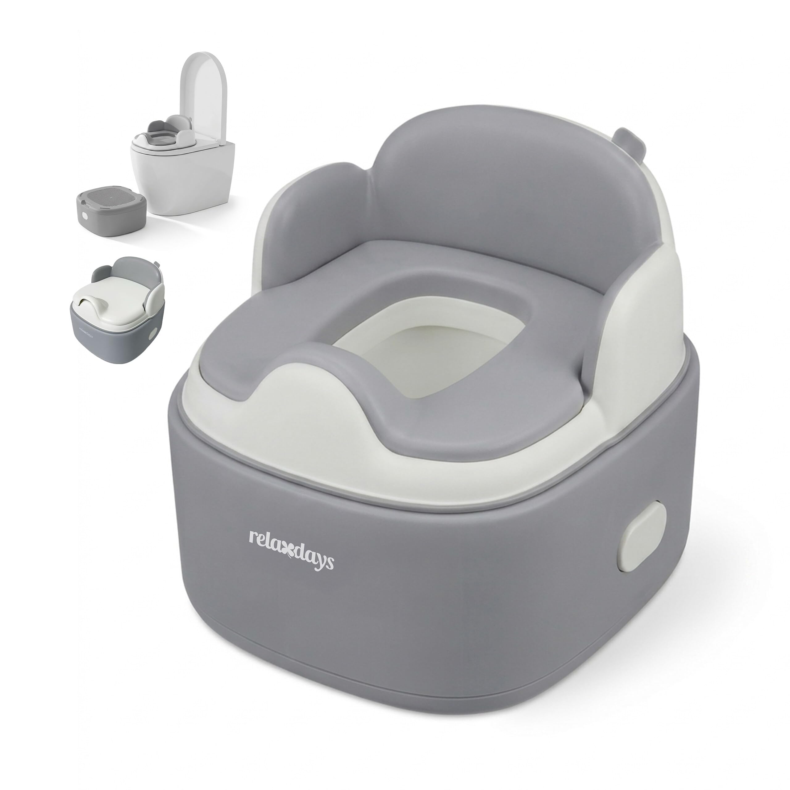 Relaxdays Vasino 4-in-1 con coperchio, grigio | A x L x P: 33,5 x 36,5 x 29 cm, riduttore WC e sgabello, da viaggio