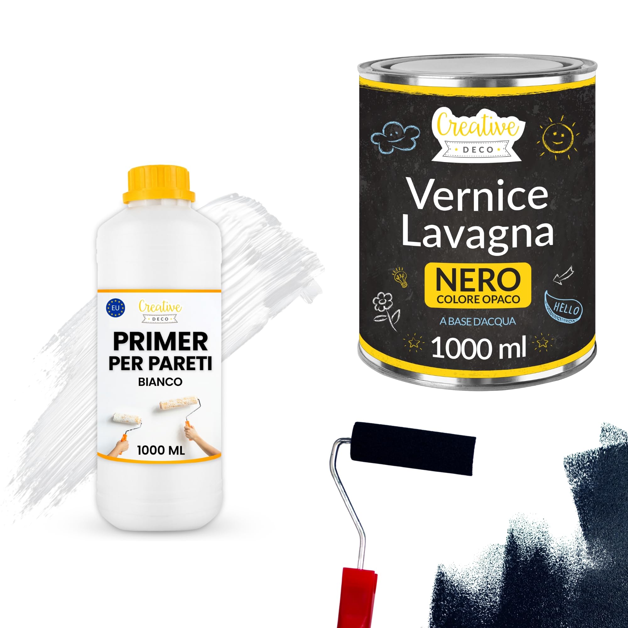 Creative Deco Set Vernice Lavagna Nera e Primer, 2 x 1 L | Vernice lavagna 1 L e primer 1 L, finitura opaca, per pareti mobili legno vetro e metallo, migliore aderenza
