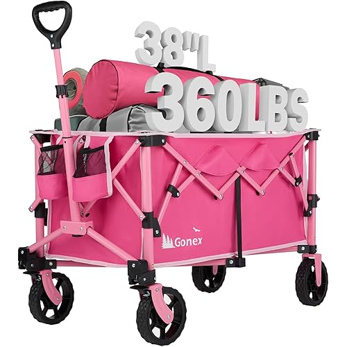 Gonex 38''L Collapsible Foldable Wagon Cart with 360lbs Weight Capacity, 220L Folding Utility Garden Cart with Detachable Wheels for Grocery Sports Shopping Camping - Pink