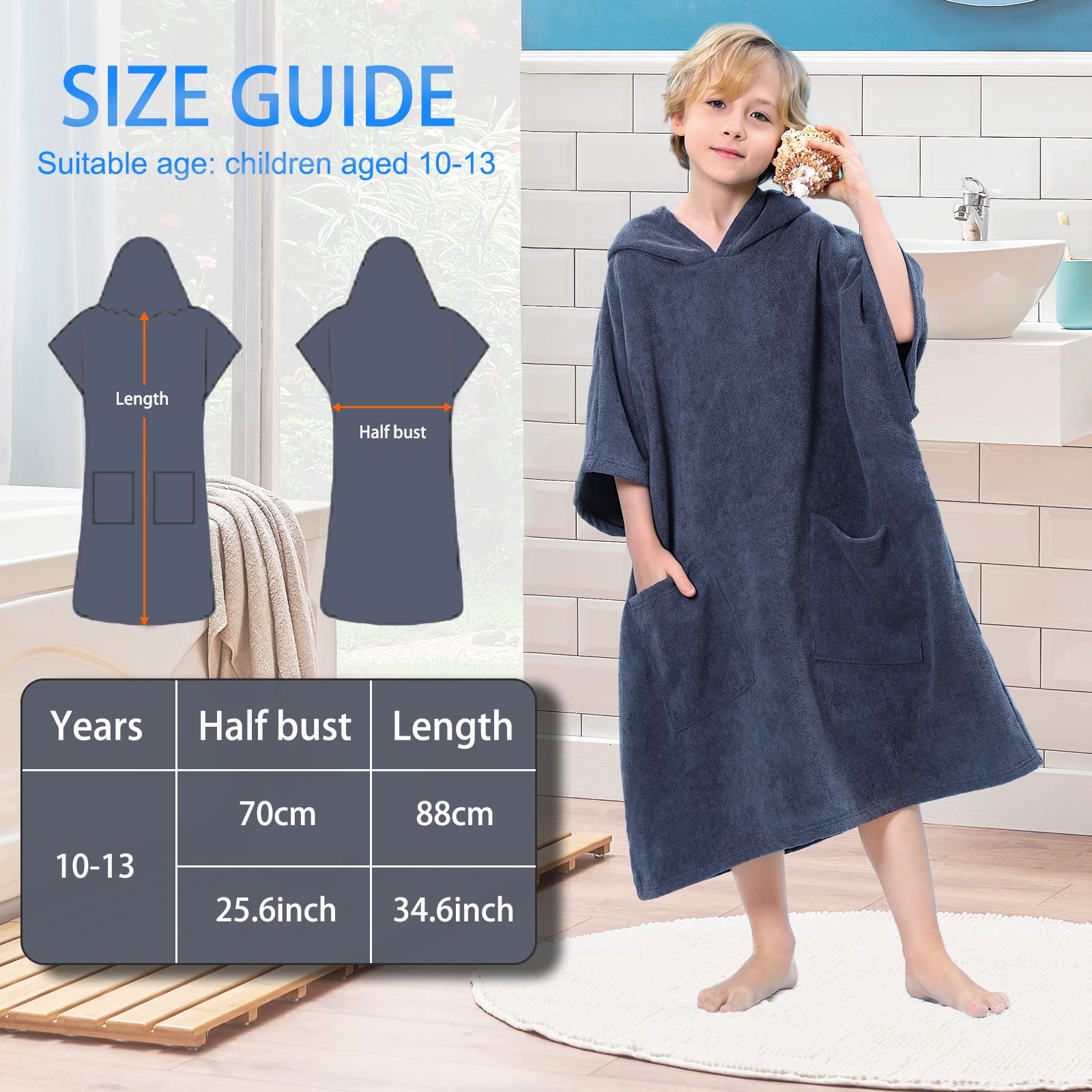 TOMEEK Poncho Toalla Infantil con Capucha Toalla de Playa con Dos Bolsillos Poncho de Surf para Niños con Capucha de Secado Rápido