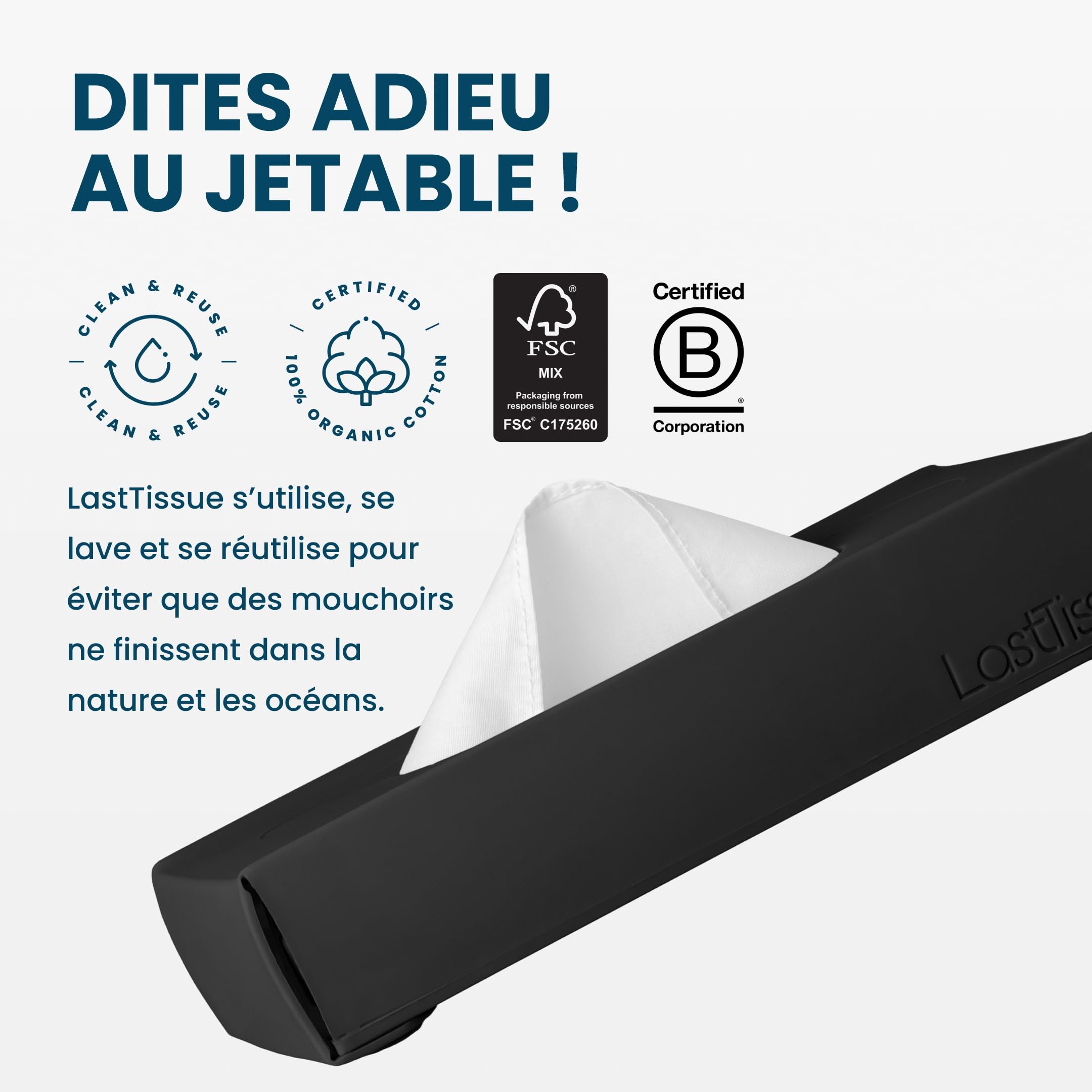 Boîte de mouchoirs en coton réutilisables LastTissue® | Serviettes pour le visage et mouchoirs pour hommes et femmes – Mouchoirs lavables et durables avec étui de rangement - Noir