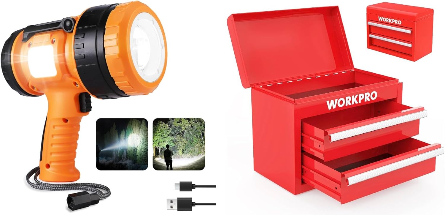 WORKPRO Mini Metal Tool Box & EverBrite Zoomable Spot Light