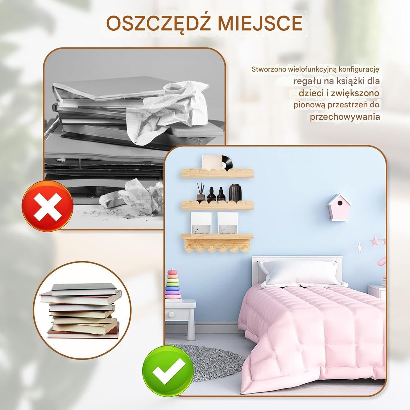 Wiszące Dziecięce Półki Na Książki Drewniana Oszczędzająca Miejsce | Półki Do Ekspozycji Książek W Pokoju Dziecięcym dla Rodziny Chłopiec Dziewczyna Wewnętrzny Dom