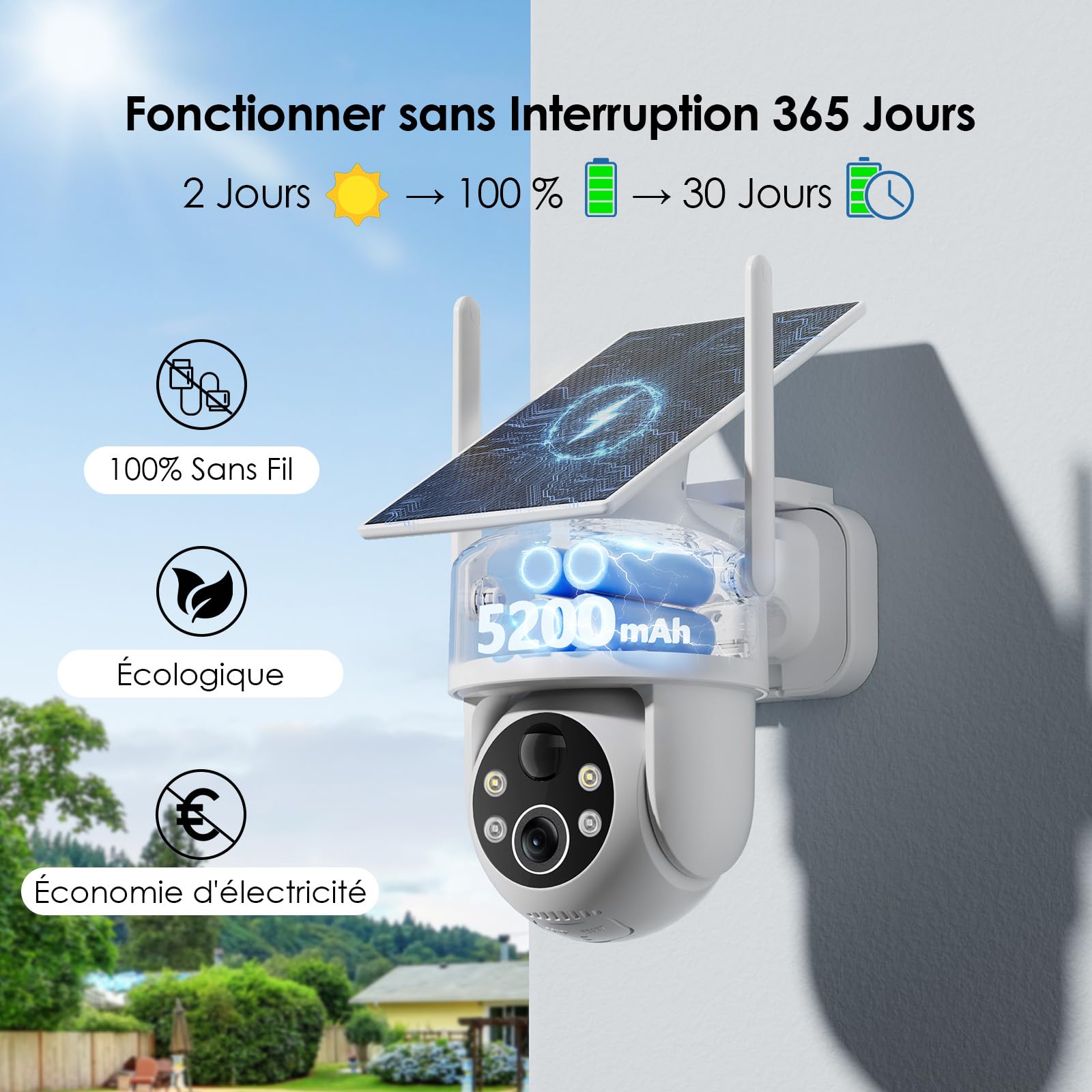 CZEview 2K Camera Surveillance WiFi Extérieure Solaire sans Fil, Blanche | 100 % sans fil, HD 2K, vision nocturne, alertes de mouvement, PTZ 360°, IP65 , grande autonomie de la batterie