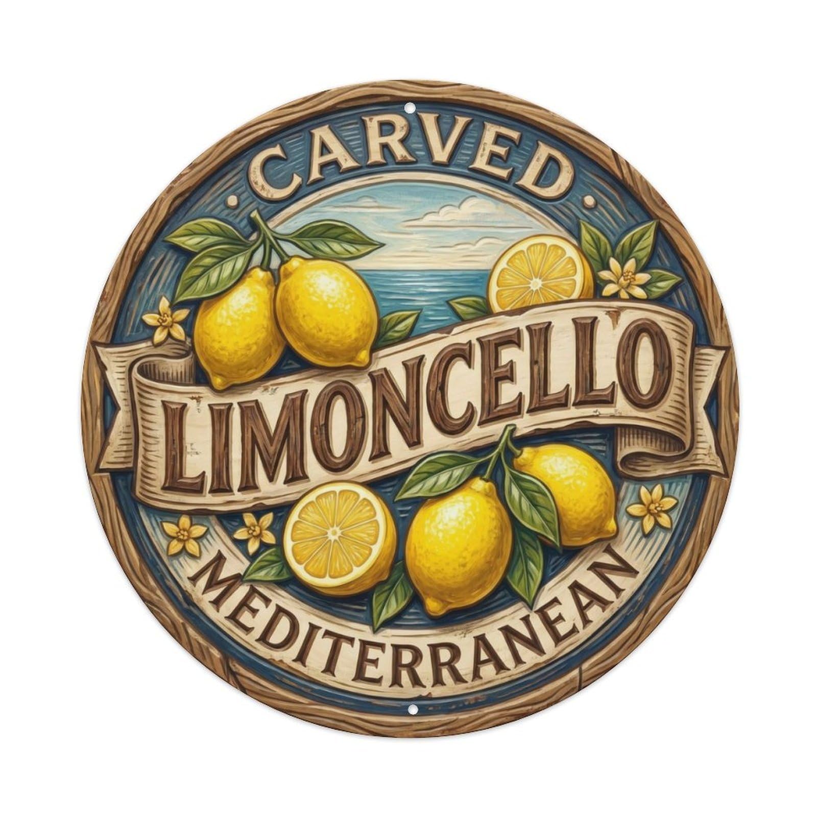Fqcyn Style Carved Mediterranean Limoncello Metal Tin Sign Plaque Wall Decor For Cafe, Club Bar, Office, Home Garden Round Metal Poster 8X8inch