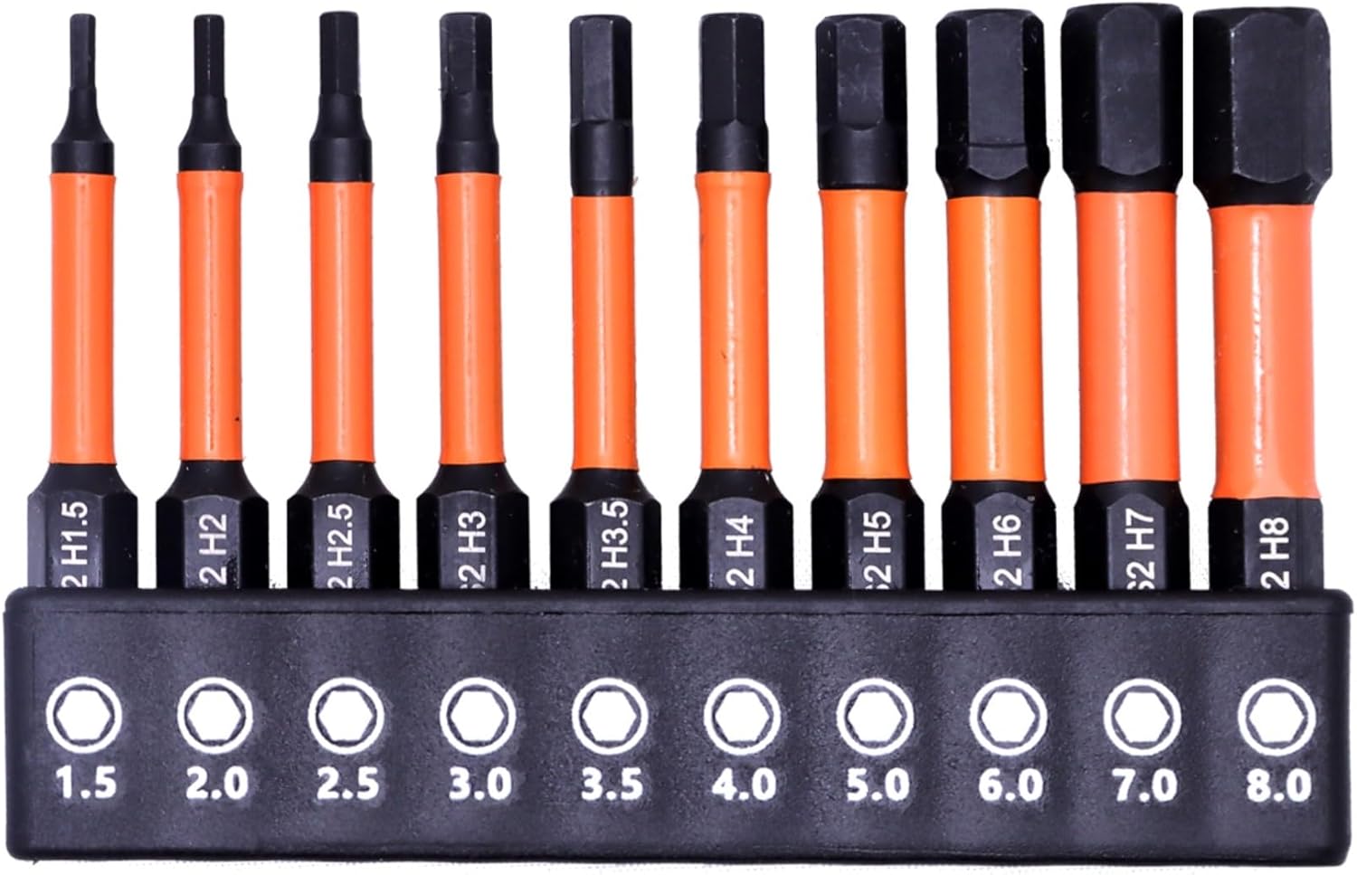 Impact Hex Head Allen Wrench Bits Set 10Pcs Metric H1.5 - H8, 2 Inch Length with 1/4 Inch Hex Shank, S2 Steel Magnetic Impact Hexagonal Screwdriver Bits