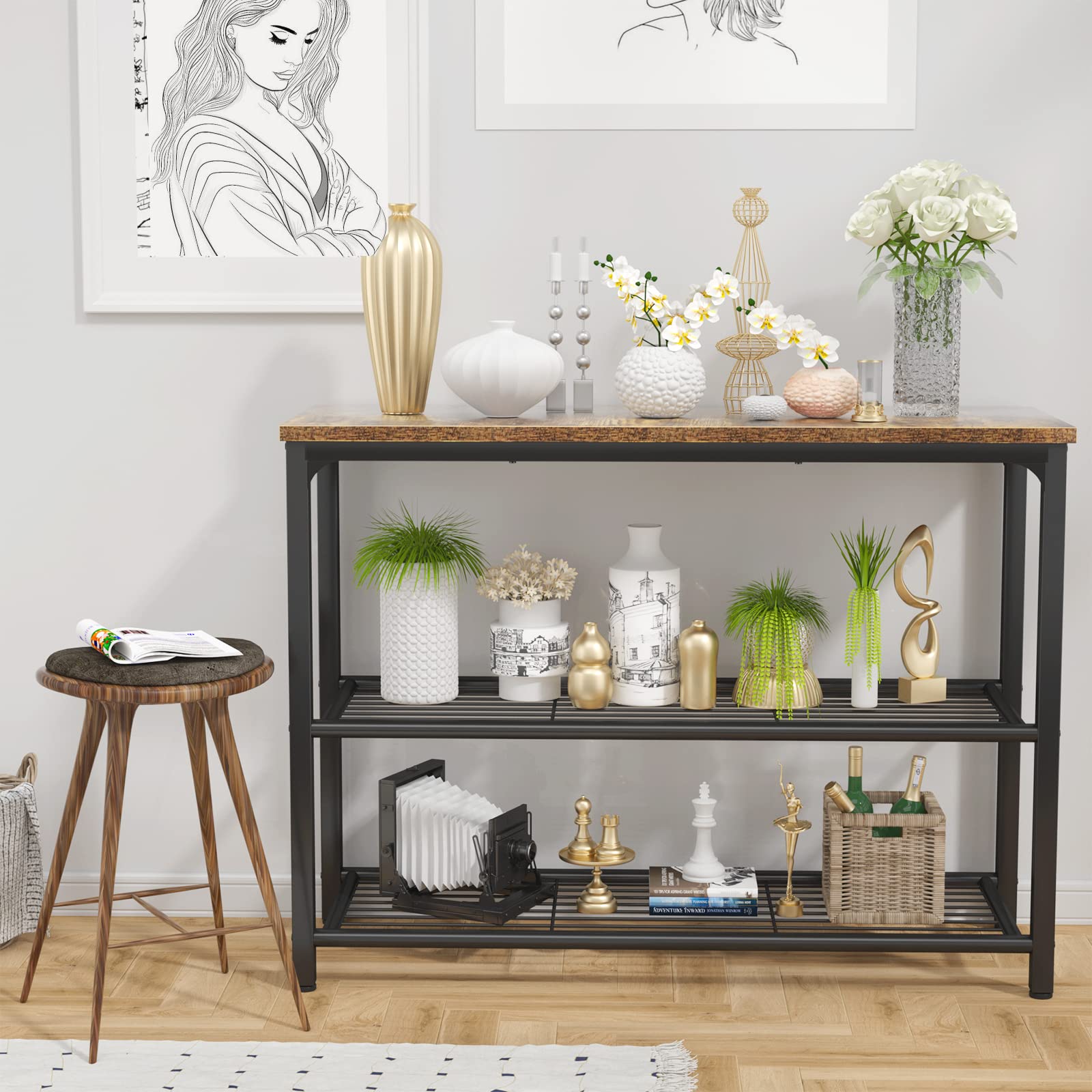 Ecoprsio Sofa Table Console Table with Double Mesh Shelves, Industrial