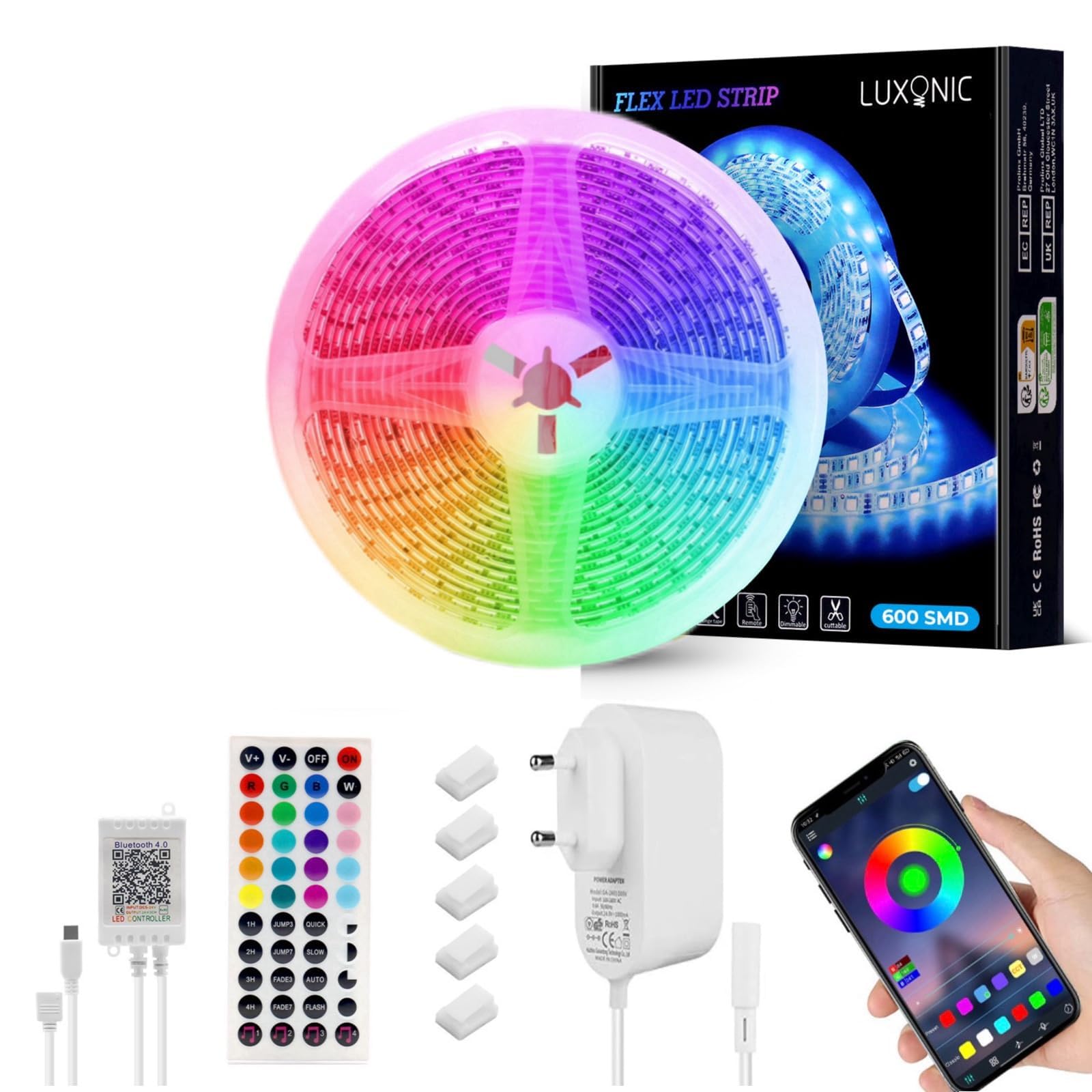 Bluetooth Wasserdichtes LED Streifen 5M, 60 LED/M, 300 LEDs Superhell,5050 Outdoor RGB Seil-Licht mit App&44 Tasten Fernbedienung, Musik Sync Farbwechsel für Decken/Haus/Party/Außen Deko
