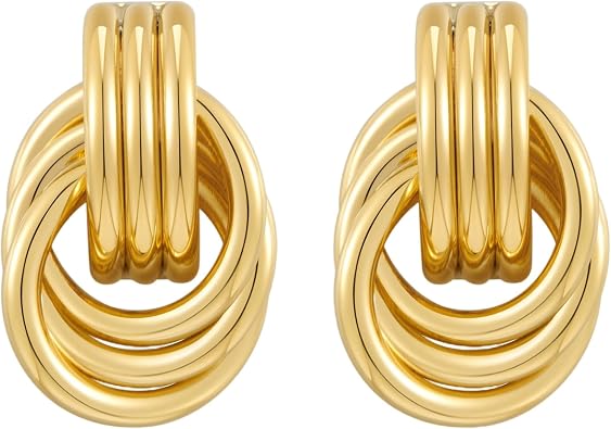 Gold Sliver Plated Chunky Knot Geometric Drop Dangle Twisted Link Stud Earrings for Women Trendy Circle Jewelry