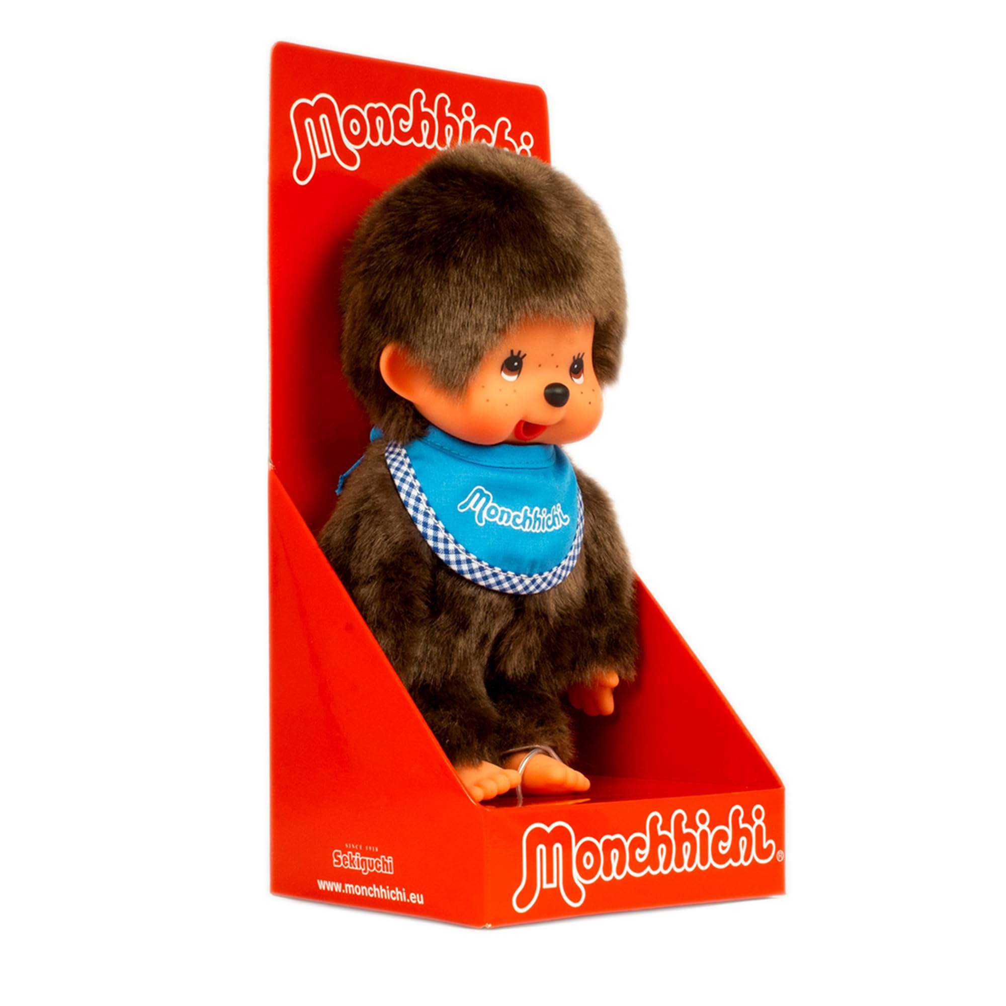 Monchhichi Classic Boy Plush Toy – Blue Bib Outfit with Signature
