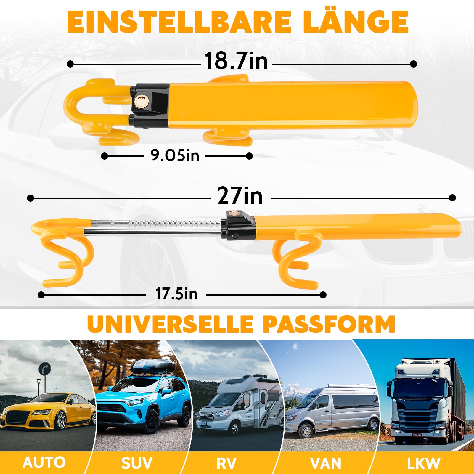 Tevlaphee Lenkradkralle, Lenkradschloss für Auto, Diebstahlsicherung auto, Strapazierfähig, Universelle Passform, PVC-Schutz, Verstellbar für Autos, SUVs, Wohnmobil, Wohnwagen, 3 Schlüssel(Gelb)